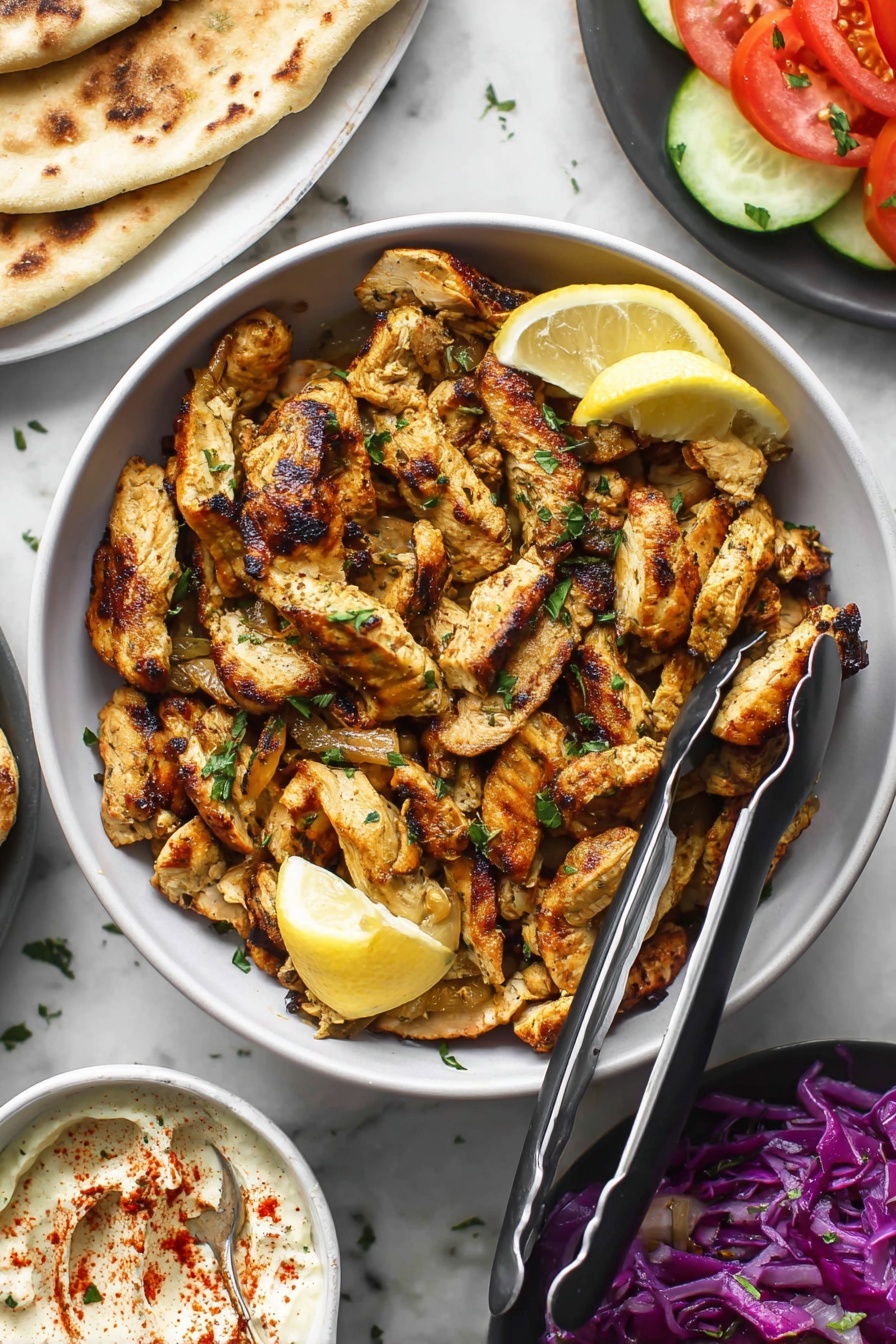 Easy Chicken Shawarma Wraps Recipe 6 The image shows a white bowl filled with many pieces of cooked, sliced chicken that have a golden-brown color with some darker grilled parts. The chicken pieces are topped with small green herbs and two lemon wedges placed on top at different spots. A pair of silver tongs with black handles rests inside the bowl among the chicken pieces. Around the bowl on a white marbled surface, there are parts of other plates visible, including flatbreads to the left, and a slice of tomato and cucumber on a white plate near the top right. At the bottom right, a white plate contains purple cabbage, and near the bottom left, there is a small white bowl with a creamy dip sprinkled with red spices and green herbs. Photo taken with an iphone --ar 2:3 --v 7 - Easy Chicken Shawarma Wraps, Chicken Shawarma Wraps, Middle Eastern Chicken Wraps, Healthy Chicken Shawarma, Quick Dinner Ideas