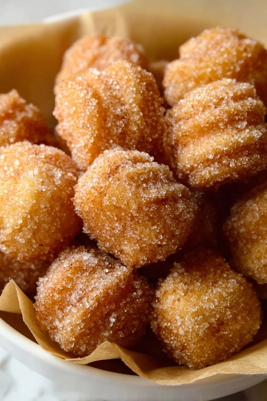 Cinnamon Sugar Churro Bites Recipe 6 A close-up image of a woman's hand holding a small, square, golden-brown cinnamon sugar-coated piece of food, dripping a thin line of honey or syrup. Below it, there is a white ridged cup with a gold-trimmed rim filled with amber-colored liquid sauce. The scene is set on a dark wooden surface with a blurred background, softened by neutral-toned fabric. Photo taken with an iphone --ar 2:3 --v 7 - Cinnamon Sugar Churro Bites, easy churro bites, cinnamon sugar snacks, crispy churro bites, bite-sized churros