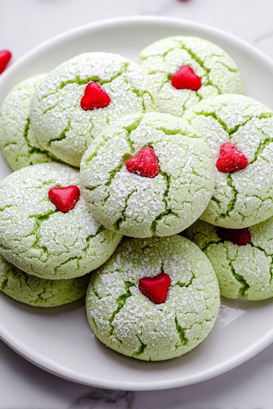 Grinch Peppermint Cookies Recipe 6 A white plate filled with multiple round, pale green cookies that have a cracked surface dusted with white powdered sugar. Each cookie is decorated with a small, red, heart-shaped candy placed near the center. The cookies are stacked close together on a white marbled surface, creating a soft, textured look. photo taken with an iphone --ar 2:3 --v 7 - Grinch Peppermint Cookies, festive holiday cookies, minty Christmas cookies, green holiday treats, easy peppermint cookies