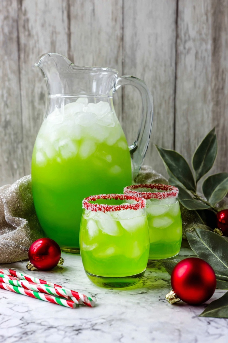 Grinch Punch Recipe with Lemon-Lime Flavor Recipe 6 A clear glass pitcher filled with bright green liquid and lots of ice cubes sits on a white marbled textured surface. In front of the pitcher, there are two white clear glasses filled with the same green drink and ice cubes, each glass has a red sugared rim. Next to the glasses are three striped paper straws in red, white, and green colors. To the side, some green leaves and red Christmas ornaments add a festive touch. The background shows a rustic wooden wall in soft gray tones. photo taken with an iphone --ar 2:3 --v 7 - Grinch Punch Lemon-Lime Flavor, festive lemon-lime punch, holiday party drink, easy holiday punch recipe, bright colorful holiday beverage