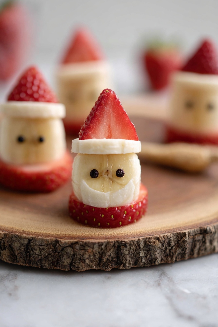The image shows a small fruit snack that looks like a tiny Santa. The snack has three layers: the bottom layer is a round red strawberry slice, the middle layer is a piece of pale yellow banana, and the top layer is a strawberry slice cut into a triangle shape to look like a hat. There is a thin white cream layer between the banana and the bottom strawberry slice. Two small black dots on the banana slice create eyes for the face. The snacks are placed on a round wooden board with bark on the edge, and the background is a white marbled surface. Photo taken with an iphone --ar 2:3 --v 7 - Healthy Strawberry Santas, festive healthy snacks, quick holiday treats, kid-friendly fruit snacks, easy Christmas party desserts