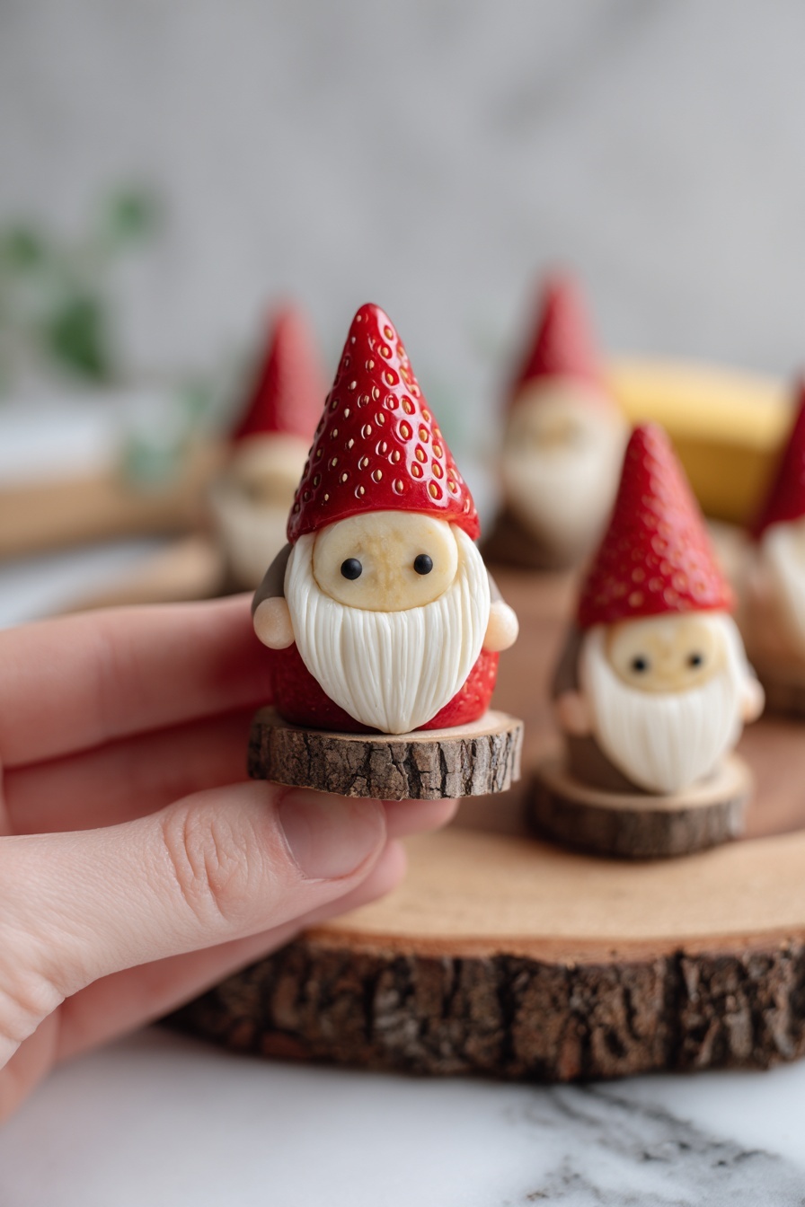 The image shows small fruit snacks shaped like little gnomes placed on a wooden round board with a rough bark edge. Each gnome has three layers: the bottom layer is a red strawberry slice, the middle layer is a thick pale banana slice, and the top layer is a red strawberry cone with visible seeds. On the banana layer, there are two small black dots acting as eyes, giving the gnome a cute face. The background is a white marbled texture with soft focus, and some more gnome snacks are blurred in the background. Photo taken with an iphone --ar 2:3 --v 7 - Healthy Strawberry Santas, festive healthy snacks, quick holiday treats, kid-friendly fruit snacks, easy Christmas party desserts
