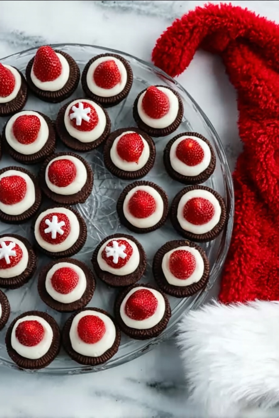 Santa Hat Brownies with Strawberries Recipe 6 A round clear glass plate holds 28 small round chocolate cookies arranged closely in a circular shape on a white marbled surface. Each cookie has three layers: a base layer of dark brown chocolate cookie, topped with a white cream layer that is smooth and thick, and a fresh red strawberry slice sits on top in the center of each cookie. On each strawberry, there is a small white cream decoration shaped like a flower or star. To the right of the plate, a red and white Santa hat with soft, fluffy texture is lying flat, adding a festive touch. Photo taken with an iphone --ar 2:3 --v 7 - Santa Hat Brownies with Strawberries, festive brownie treats, holiday dessert ideas, quick Christmas desserts, easy holiday baking