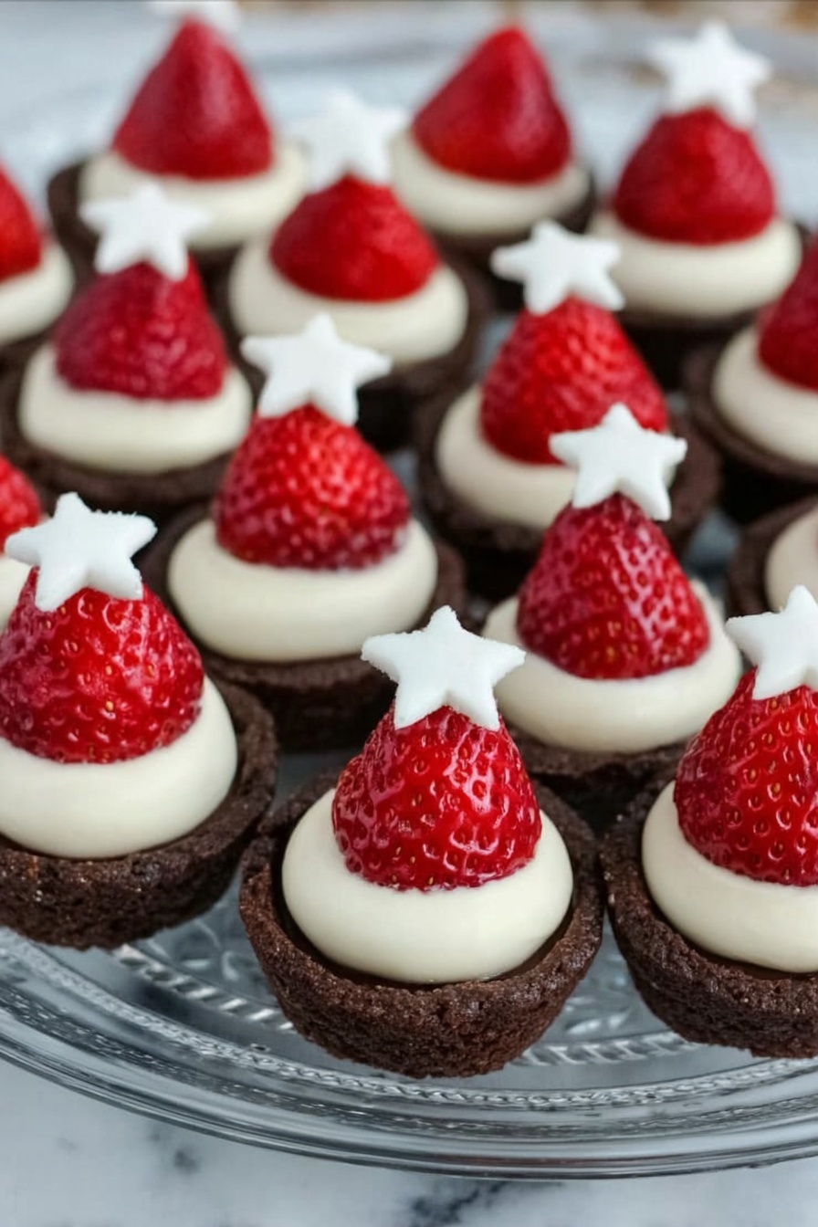 Santa Hat Brownies with Strawberries Recipe 8 The image shows many small chocolate tartlets arranged neatly on a clear glass plate. Each tartlet has a thick dark brown chocolate base forming the first layer, topped with a layer of smooth white cream. On top of the cream is a fresh whole strawberry with its pointed tip facing up, and a small dollop of white cream shaped like a star is placed on each strawberry tip. The background is a white marbled texture. photo taken with an iphone --ar 2:3 --v 7 - Santa Hat Brownies with Strawberries, festive brownie treats, holiday dessert ideas, quick Christmas desserts, easy holiday baking