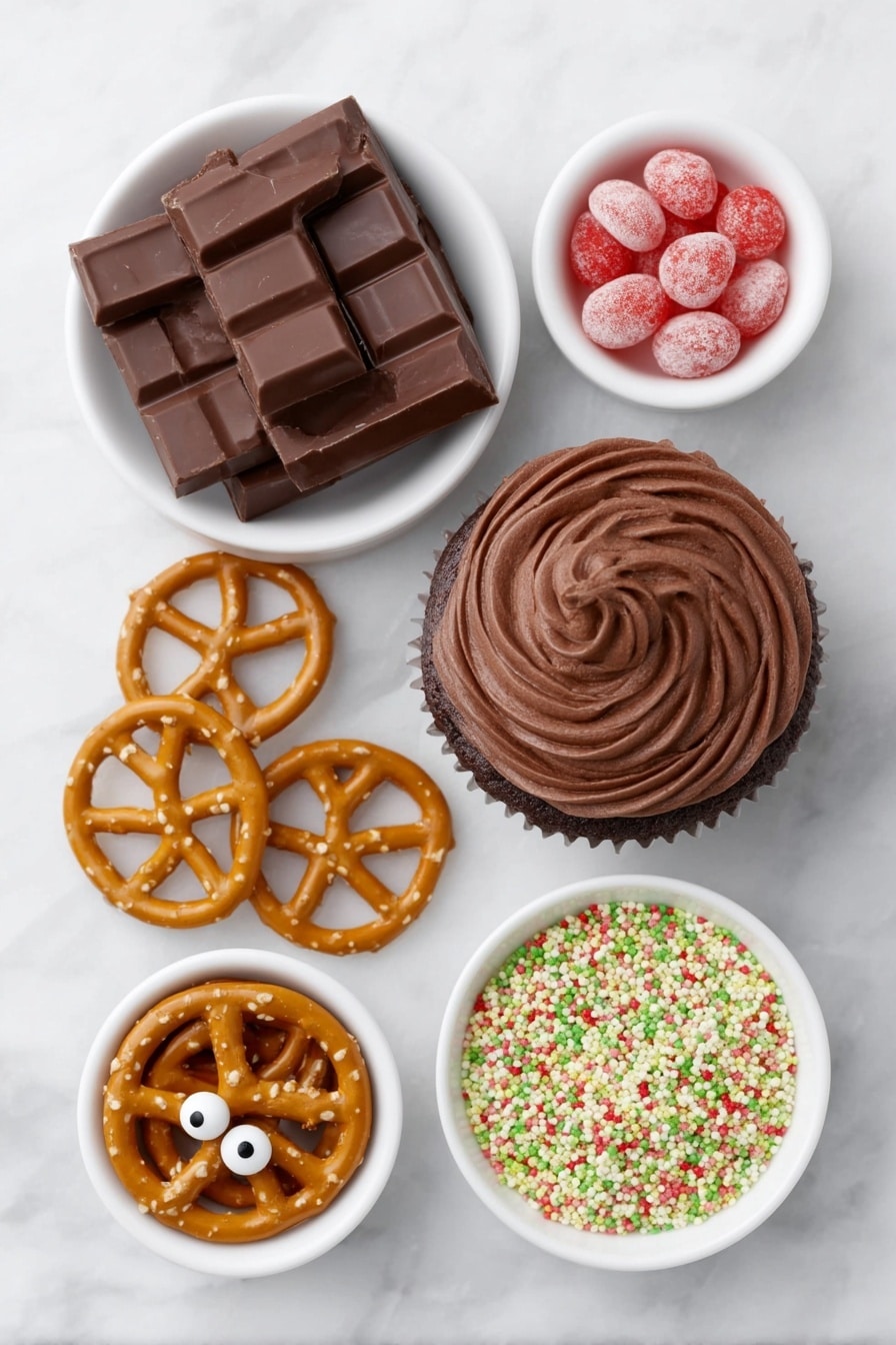 Rudolph Cupcakes with Chocolate and Candy Recipe 7 Flat lay of a round chocolate cupcake with smooth swirled chocolate frosting piped on top, a small pile of mini rectangular chocolate candy bars with glossy dark brown surfaces, bright red cinnamon candies scattered around, two glossy white candy eyes with black pupils, several golden-brown mini pretzels shaped like antlers, a small mound of red and green rainbow sprinkles in a white ceramic bowl, all ingredients fresh and natural, simple white ceramic bowls holding the candies and sprinkles, perfect symmetry and balanced layout, placed on a clean white marble surface, soft natural light, photo taken with an iPhone, professional food photography style, fresh ingredients, white ceramic bowls, no bottles, no duplicates, no utensils, no packaging --ar 2:3 --v 7 --p m7354615311229779997 - Rudolph Cupcakes with Chocolate and Candy, festive Christmas cupcakes, holiday reindeer cupcakes, easy holiday cupcake ideas, cute Rudolph dessert