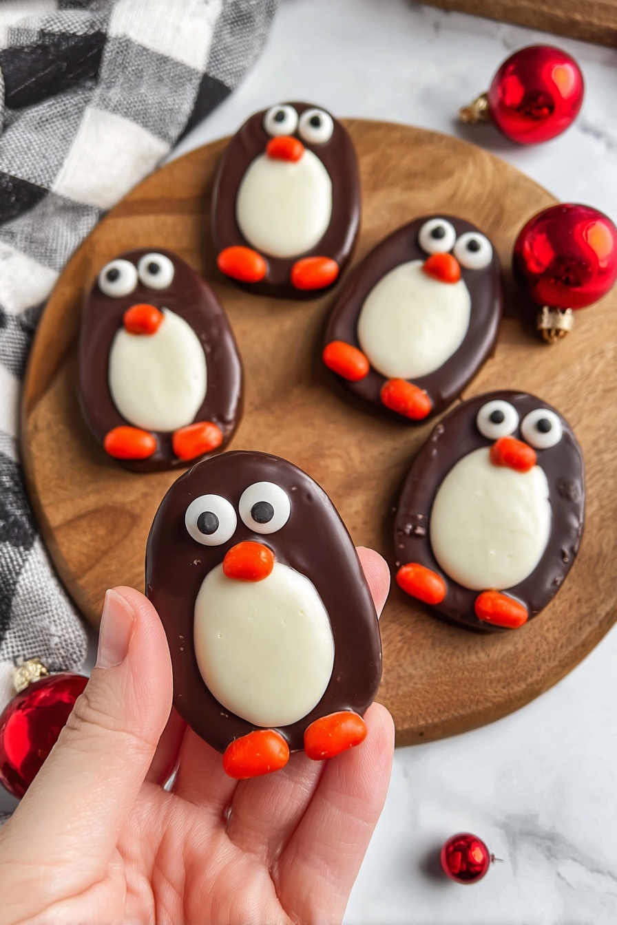 Chocolate Nutter Butter Penguin Cookies Recipe 8 The image shows five penguin-shaped treats on a round wooden board placed on a white marbled surface. Each treat has three layers: a shiny dark chocolate outer layer forming the penguin’s body, a smooth white oval layer in the middle representing the belly, and small bright orange candy pieces for the beak and feet. The eyes are made with white circular candies with black dots on top of the dark chocolate. One treat is held close in the foreground by a woman's hand, while the rest lie spread out on the wooden board. There are also two small shiny red Christmas ornaments on the board and a white and black checkered cloth in the background. Photo taken with an iphone --ar 2:3 --v 7 - Chocolate Nutter Butter Penguin Cookies, penguin cookies with Nutter Butters, fun holiday cookie ideas, adorable chocolate cookie treats, easy festive cookie recipes