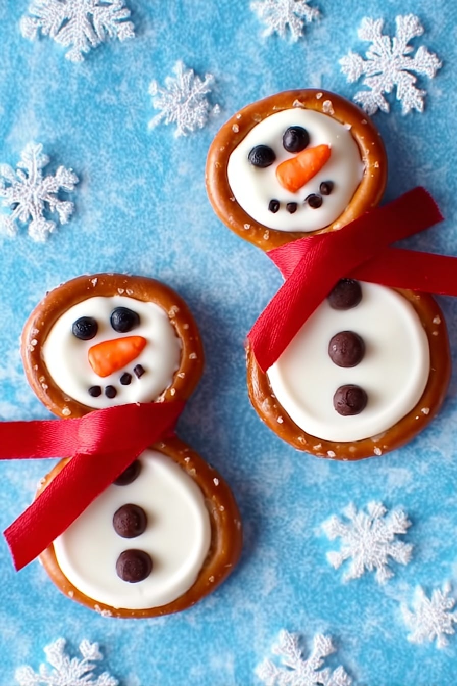 Frosty Snowman Pretzels with Candy Clay Recipe 6 The image shows three snowman-shaped treats made from two round pretzels each. Each pretzel is topped with a smooth white layer, likely white chocolate or icing, creating two circles stacked vertically to form the body and head. Small dark chocolate chips make up the eyes, mouth, and buttons of each snowman. An orange candy piece forms each carrot nose. Each snowman is wrapped around the neck with a different colored candy scarf: one red, one blue, and one green. The treats are placed on a white marbled surface with a light green and white checkered cloth underneath. photo taken with an iphone --ar 2:3 --v 7 - Frosty Snowman Pretzels with Candy Clay, snowman pretzel snacks, festive holiday pretzels, easy Christmas treat recipes, cute winter party snacks
