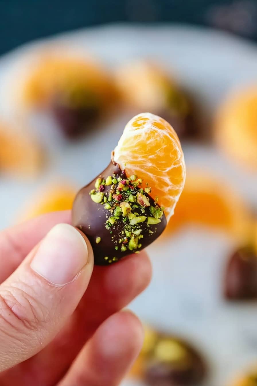 Chocolate Dipped Mandarin Slices Recipe 6 A close-up image showing a person holding a single tangerine segment partially dipped in dark chocolate, with colorful crushed nuts sprinkled on the chocolate part. The tangerine segment is bright orange with a smooth and slightly shiny texture. The dark chocolate layer is glossy and thick, covering half the segment. The crushed nuts add small bits of green and red, creating a textured topping. The person's fingers gently hold the tangerine segment, with a blurred background of more tangerine pieces and nuts on a white marbled surface. photo taken with an iphone --ar 2:3 --v 7 - Chocolate Dipped Mandarin Slices, Mandarin citrus snacks, easy fruit desserts, chocolate fruit dip recipes, healthy fruity treats