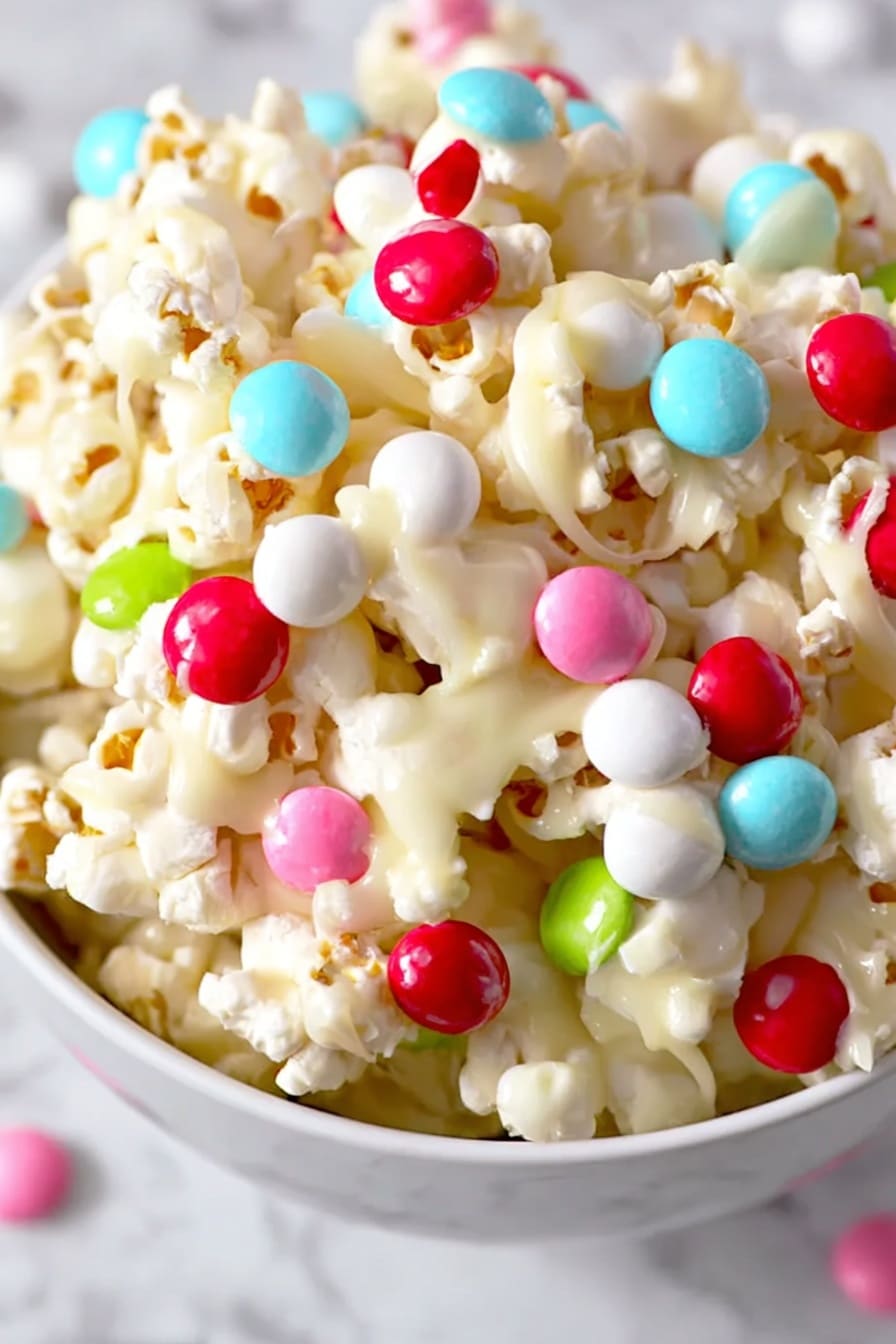 White Chocolate Popcorn with Colorful Sixlets Recipe