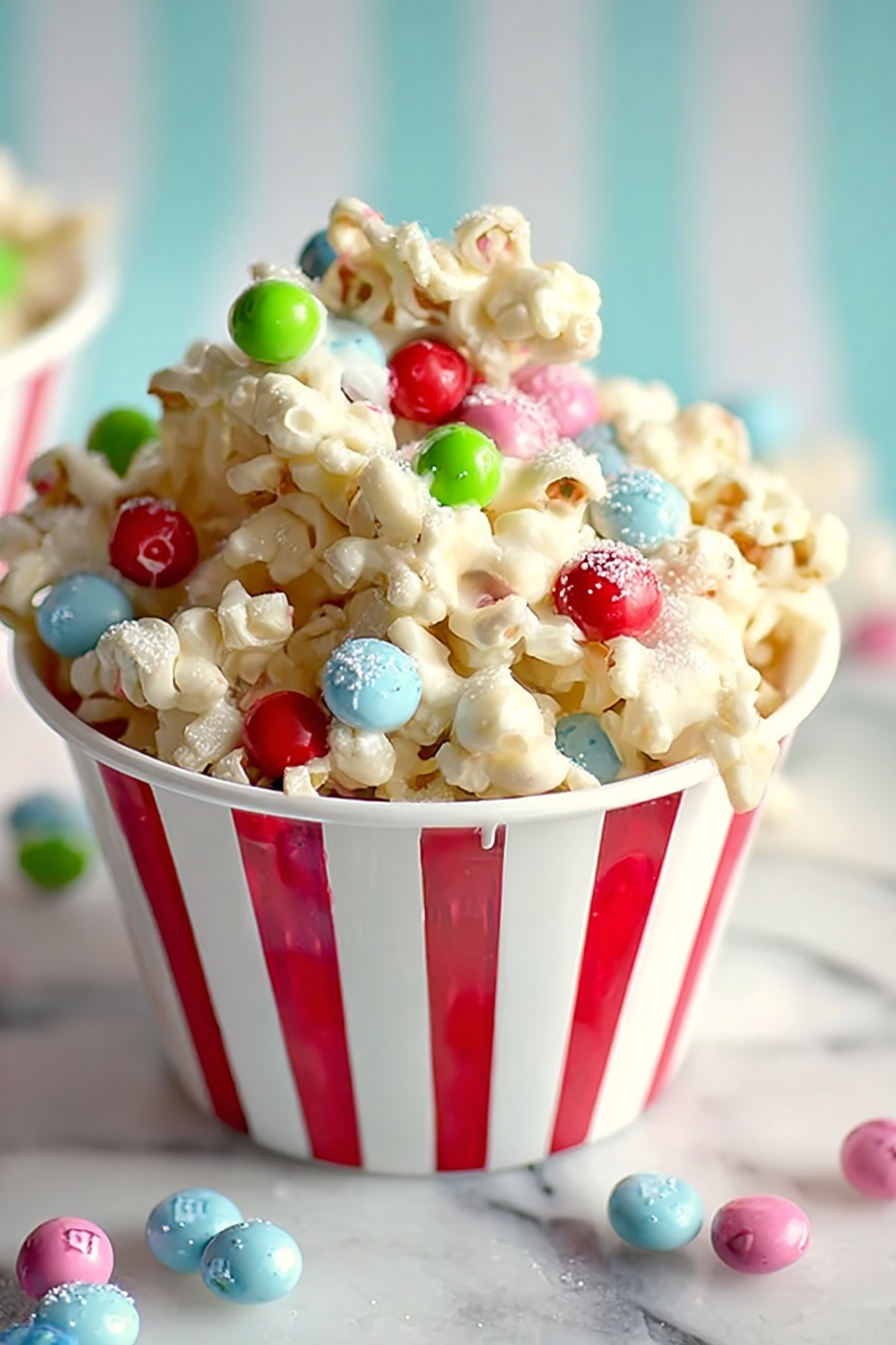 White Chocolate Popcorn with Colorful Sixlets Recipe 6 The image shows a white cup with red vertical stripes filled with popcorn covered in white chocolate and colorful round candy pieces in red, green, pink, blue, and white. The popcorn pieces are clustered tightly together, with candy balls scattered on top and around the cup. The cup sits on a white marbled surface with a soft striped background in light blue and white. The scene is bright and cheerful, with a close-up focus on the cup and its sweet, crunchy contents photo taken with an iphone --ar 2:3 --v 7 - White Chocolate Popcorn with Colorful Sixlets, colorful popcorn snack, white chocolate popcorn, festive popcorn treat, easy popcorn dessert