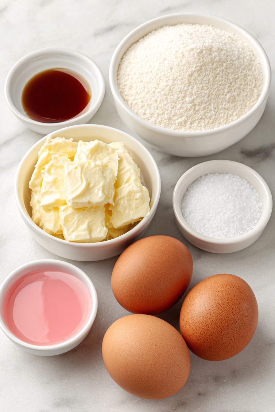 Flat lay of four large whole brown eggs with clean shells, a small white ceramic bowl of fine granulated sugar, a small white ceramic bowl holding cream of tartar powder, a small white ceramic bowl with kosher salt crystals, a small white ceramic bowl containing clear vanilla extract, and a delicate drop of pale pink icing color in a tiny white ceramic bowl, all arranged in perfect symmetry on a clean white marble surface, soft natural light, photo taken with an iPhone, professional food photography style, fresh ingredients, white ceramic bowls, no bottles, no duplicates, no utensils, no packaging --ar 2:3 --v 7 --p m7354615311229779997 - Homemade Meringue Cookies, Easy Meringue Cookies, Light and Crispy Meringue Bites, Gluten-Free Meringue Treats, Airy Dessert Recipes