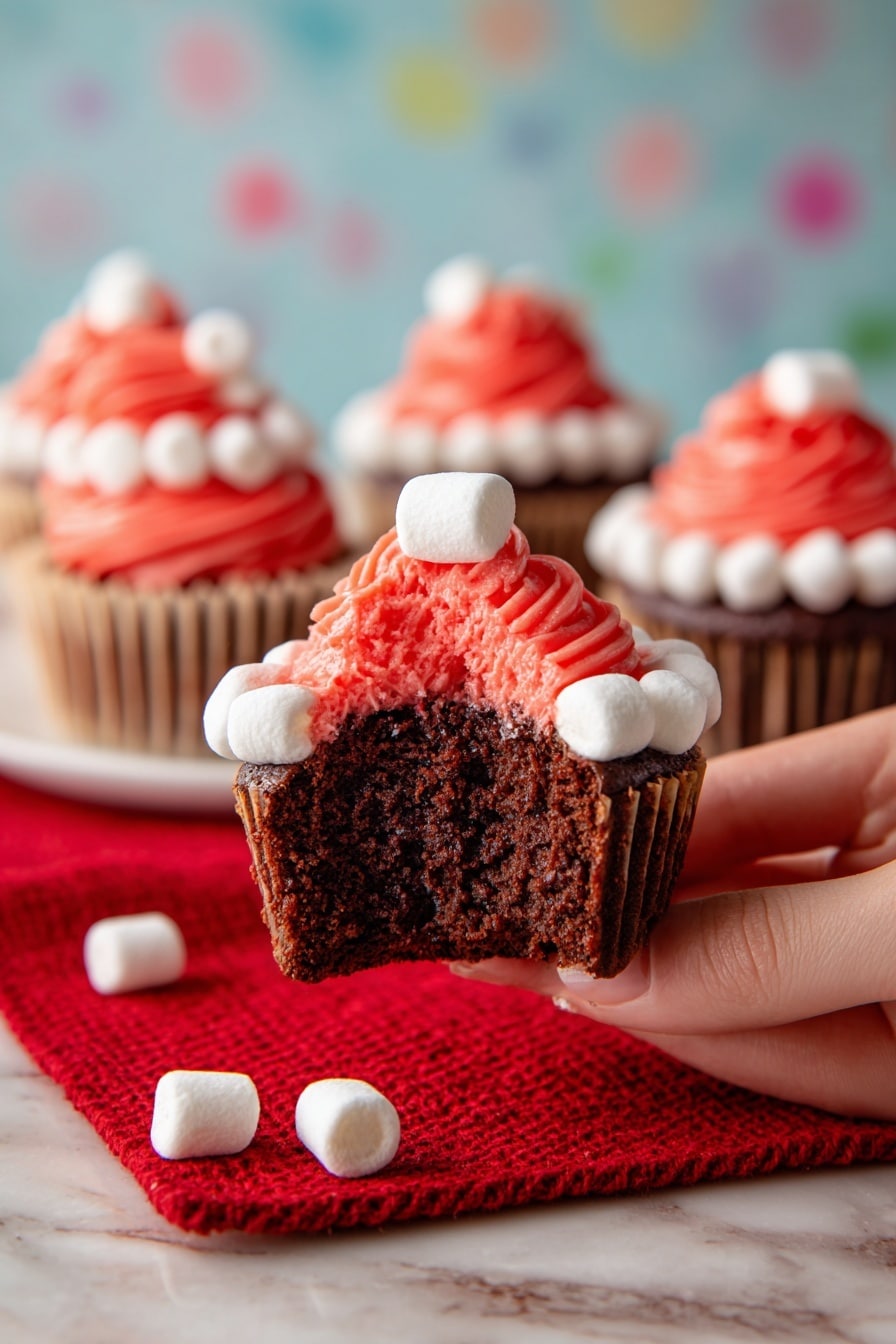 Three chocolate cupcakes are placed on a red woven cloth over a white marbled surface. Each cupcake has a dark brown base and is topped with a swirl of bright red frosting shaped like a small cone. Around the base of the frosting swirl, there is a ring of small white marshmallows, and one marshmallow sits on the top of the red frosting swirl. The background has a white base with colorful polka dots in red, green, yellow, and brown evenly spaced out. photo taken with an iphone --ar 2:3 --v 7 - Santa Hat Cupcakes, Christmas cupcake ideas, holiday dessert recipes, festive cupcake decoration, easy Christmas treats