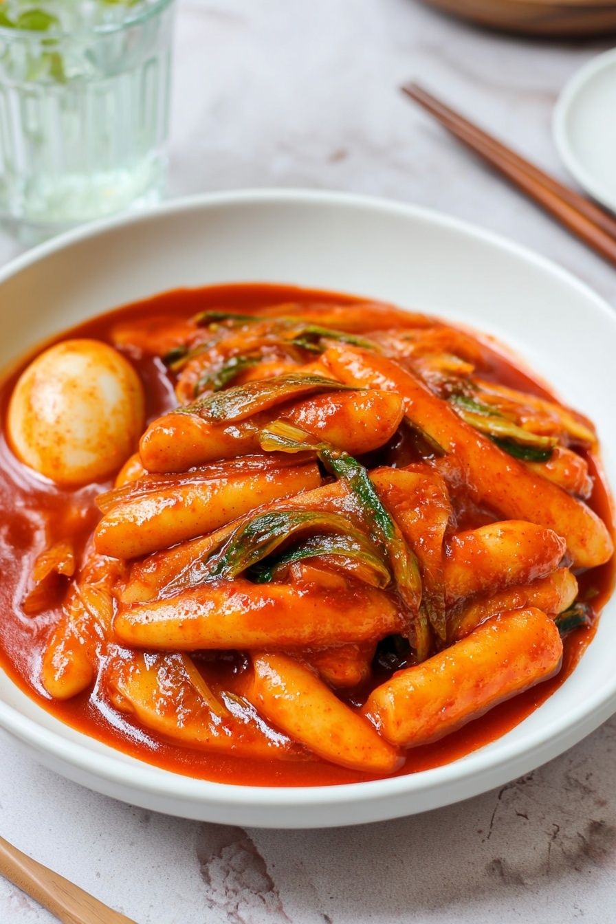 Spicy Tteokbokki Recipe with Rice Cakes Recipe 6 A white bowl filled with a shiny, thick red sauce covering many elongated, soft-looking rice cakes arranged haphazardly. There are green leafy pieces and some flat, curved fish cake strips mixed in with the rice cakes. A whole boiled egg, also covered in the red sauce, sits on one side of the bowl. The bowl is on a white marbled surface with a drinking glass and a pair of wooden chopsticks in the background. photo taken with an iphone --ar 2:3 --v 7 - Spicy Tteokbokki, Korean street food, rice cake recipe, spicy Korean snacks, easy Tteokbokki recipe