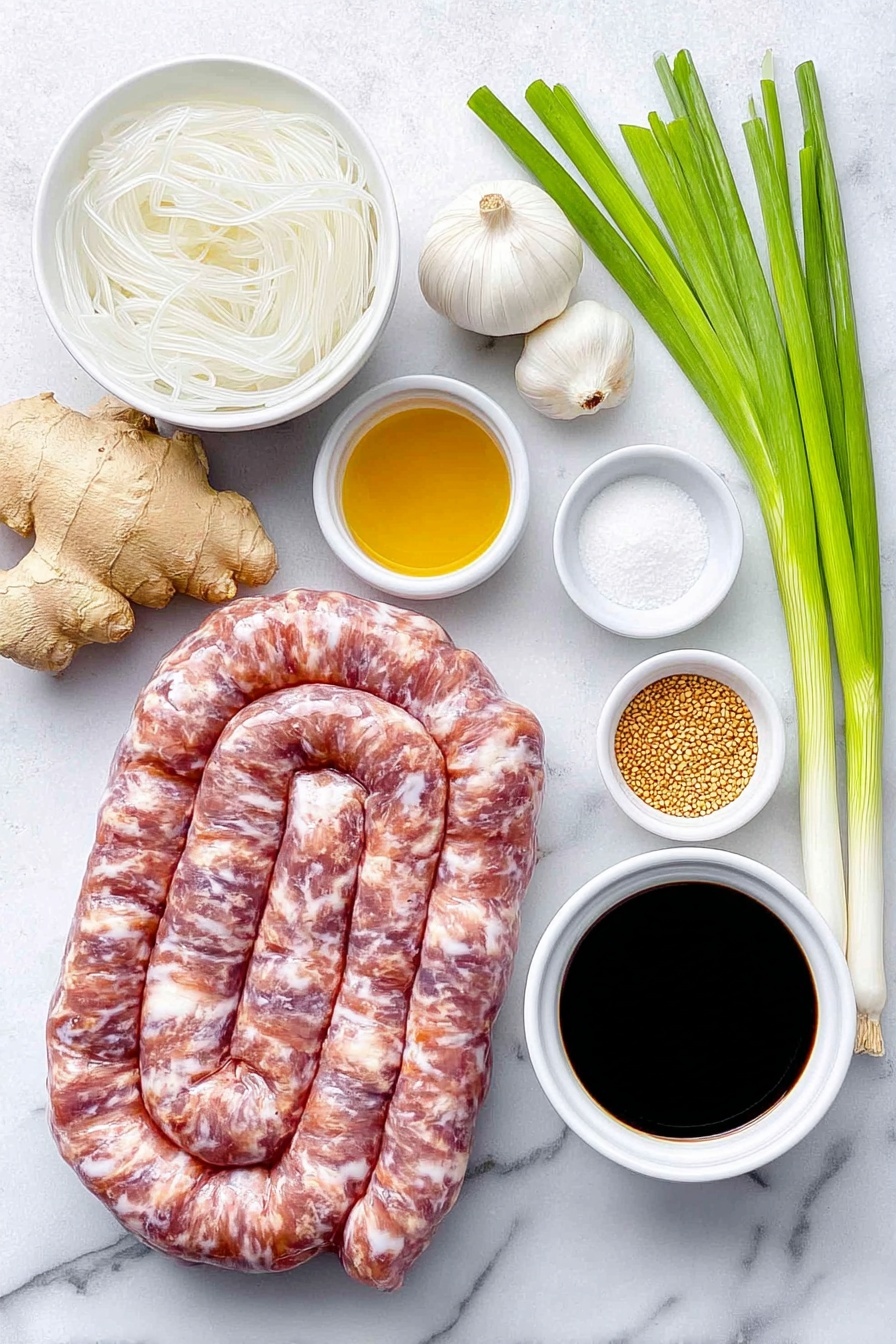 Flat lay of fresh coiled pork small intestine, a small white bowl of uncooked sweet rice, a small white bowl with soaked translucent sweet potato starch vermicelli noodles, three whole garlic cloves, an 11-inch knob of fresh ginger root, a small white bowl of coarse salt, a small white bowl of ground black pepper, a small white bowl of golden toasted sesame oil, a small white bowl of toasted sesame seeds, five fresh green scallions with white bulbs, and a small white bowl filled with dark beef or pork blood, all arranged with perfect symmetry and balanced proportions, placed on a clean white marble surface, soft natural light, photo taken with an iPhone, professional food photography style, fresh ingredients, white ceramic bowls, no bottles, no duplicates, no utensils, no packaging --ar 2:3 --v 7 --p m7354615311229779997 - Korean Blood Sausage Sundae, Korean blood sausage recipe, homemade Sundae, Korean street food dishes, traditional Korean sausage