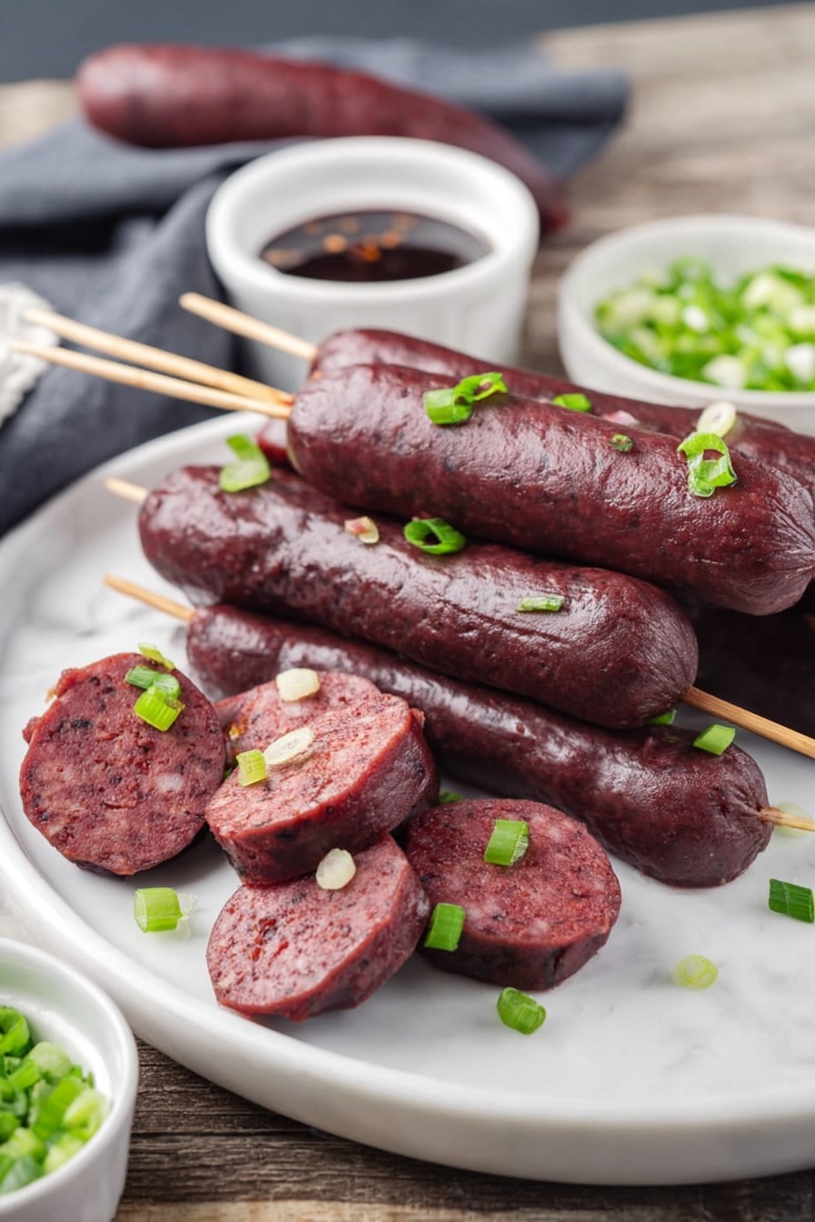 The image shows a black round plate full of dark red sausages, some whole on skewers and some sliced into thick round pieces, all topped with small green chopped leaves. Around the plate, there are three small white bowls: one with a dark reddish-brown sauce, another with a smooth white sauce, and the third filled with finely chopped green pieces. The background is a dark stone surface with light veins. photo taken with an iphone --ar 2:3 --v 7 - Korean Blood Sausage Sundae, Korean blood sausage recipe, homemade Sundae, Korean street food dishes, traditional Korean sausage