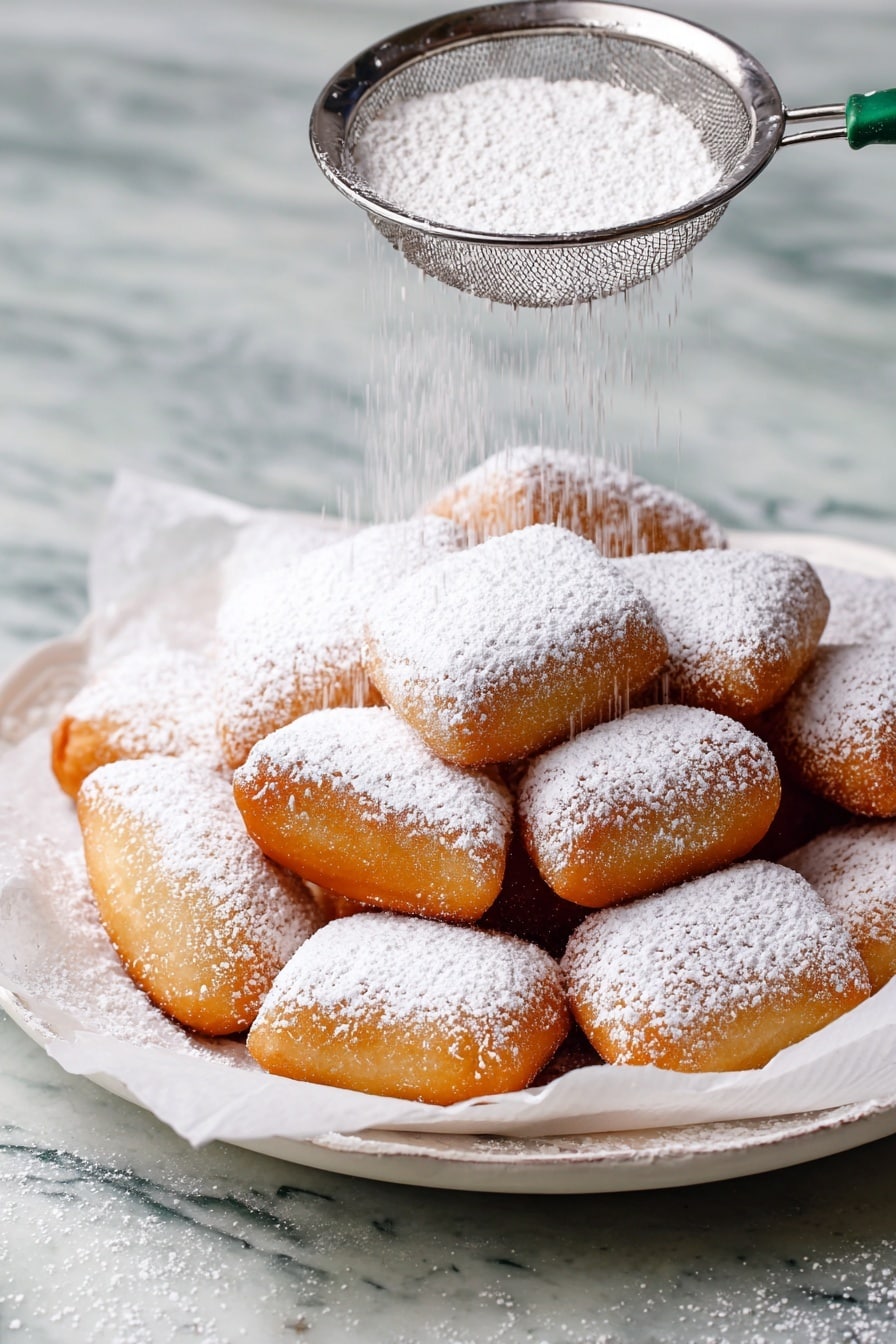 Baked Beignets Recipe 6 A pile of small, golden brown square doughnuts sits on a white plate lined with white paper. Each doughnut is evenly dusted with a thick layer of white powdered sugar, giving them a soft, snowy look. Above them, an old metal sieve with a green handle is shown dusting more powdered sugar over the doughnuts. The plate is placed on a white marbled surface with soft, muted patterns. Photo taken with an iphone --ar 2:3 --v 7 - Baked Beignets, Easy Beignets Recipe, Healthy Beignets, Beignets with Powdered Sugar, Light Baked Beignets