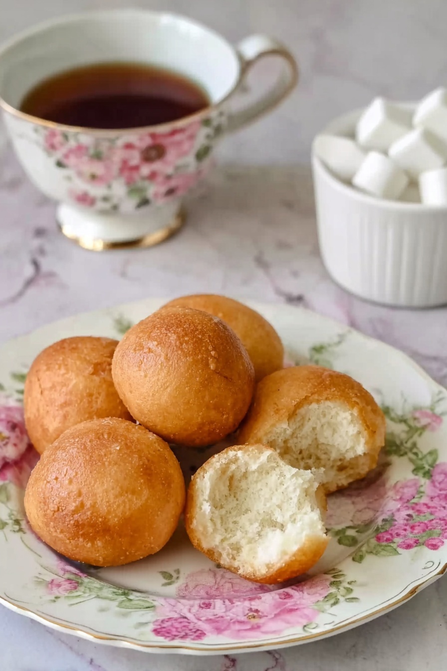 Easy Puff Puff Recipe 6 The image shows five golden brown round dough balls placed on a white plate with a floral pattern of pink and green flowers on the edges. Two of the dough balls are broken open, showing a soft and fluffy white inside. Behind the plate, there is a white cup with floral designs filled with dark tea. To the right, there is a white container holding white sugar cubes. The surface beneath everything is a white marbled texture. photo taken with an iphone --ar 2:3 --v 7 - Easy Puff Puff, Puff Puff Recipe, African Snack Recipes, Crispy Puff Puff, Fluffy Puff Puff