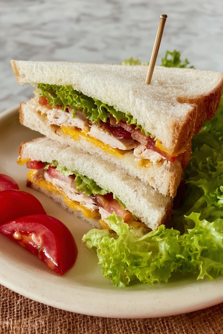 A sandwich is shown cut into two triangles, held together with toothpicks, on a white plate. The sandwich has three layers of white bread. Between the layers, there is a layer of green lettuce, a layer of red tomato slices, a yellow-orange melted cheese layer, and a light brown cooked chicken layer. Around the sandwich on the plate, there are extra green lettuce leaves and some sliced red tomato pieces. The background is a white marbled texture. Photo taken with an iphone --ar 2:3 --v 7 - Thai Spicy Grilled Chicken Sandwich, Thai chicken sandwich, spicy grilled chicken sandwich, Thai-inspired sandwich recipes, easy grilled chicken sandwiches