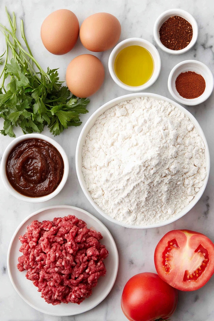 Flat lay of a small mound of all-purpose flour on a simple white ceramic plate, two whole uncracked brown eggs next to a small white bowl filled with golden olive oil, a small handful of fresh parsley leaves loosely arranged on a white ceramic dish, one large ripe red tomato sliced in half showing juicy interior, a plump red pepper halved to reveal seeds, two whole shallots with their smooth purple skins, two unpeeled garlic cloves, a small white bowl containing deep red tomato paste, a small pile of raw ground lamb with a natural red hue, a scattering of light brown pine nuts on a white plate, and small white bowls holding ground allspice, paprika, cumin, salt, and vibrant red Aleppo pepper flakes all evenly spaced and placed on a clean white marble surface, soft natural light, photo taken with an iPhone, professional food photography style, fresh ingredients, white ceramic bowls, no bottles, no duplicates, no utensils, no packaging --ar 2:3 --v 7 --p m7354615311229779997 - Turkish Lamb Lahmacun, Lamb Lahmacun, Turkish flatbread with lamb, Spiced lamb flatbread, Istanbul-inspired lamb dish