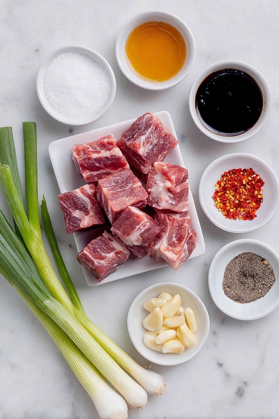 Flat lay of fresh boneless pork shoulder cut into cubes, a small white ceramic bowl of thick hoisin sauce, a small white ceramic bowl of dark soy sauce, a small white ceramic bowl of glossy oyster sauce, two peeled garlic cloves beside a small pile of minced garlic, a small white ceramic bowl with bright red crushed red pepper flakes, a small white ceramic bowl of fine garlic powder, a small white ceramic bowl with ground black pepper, a small white ceramic bowl filled with granulated white sugar, and three fresh green onions with sliced sections arranged neatly, all ingredients naturally fresh and unprocessed, perfectly balanced and symmetrical on a clean white marble surface, soft natural light, photo taken with an iPhone, professional food photography style, fresh ingredients, white ceramic bowls, no bottles, no duplicates, no utensils, no packaging --ar 2:3 --v 7 --p m7354615311229779997 - Chinese BBQ Pork, Chinese BBQ Pork Recipe, Chinese Roast Pork, Chinese Char Siu, Asian BBQ Pork