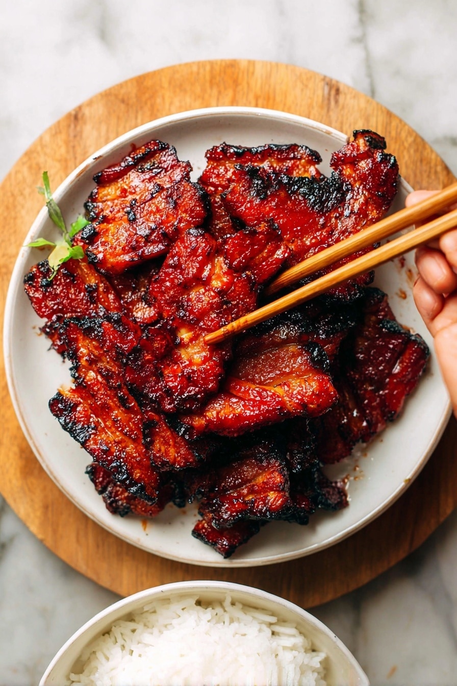 The image shows a white plate filled with several pieces of grilled chicken wings, which are richly coated with a shiny dark reddish-brown glaze that looks sticky and caramelized. The wings have charred blackened edges, adding contrast and texture to the glossy surface. Small green slices of fresh scallions are sprinkled on top, adding a fresh pop of color against the dark wings. The background is a white marbled texture, enhancing the vibrant colors of the food. photo taken with an iphone --ar 2:3 --v 7 - Chinese BBQ Pork, Chinese BBQ Pork Recipe, Chinese Roast Pork, Chinese Char Siu, Asian BBQ Pork