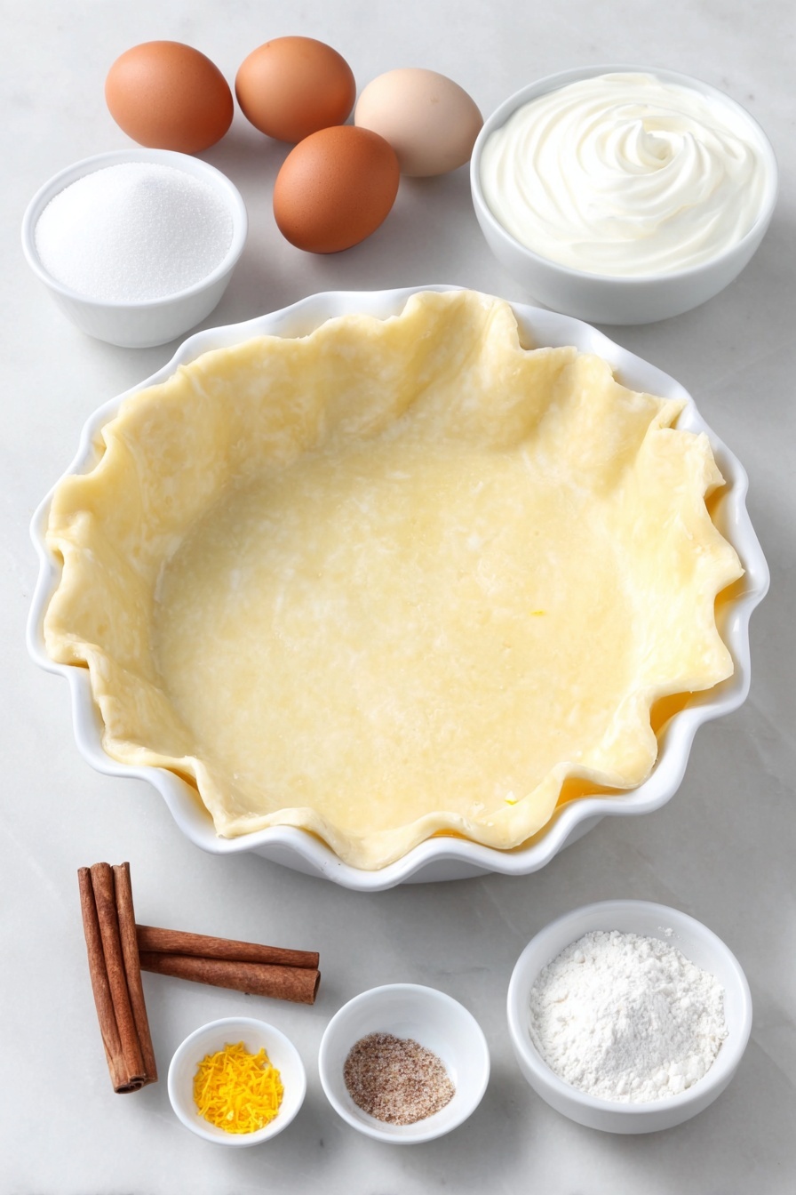 Cinnamon Vanilla Custard Pie Recipe 7 Flat lay of a simple white ceramic pie dish with a homemade golden-brown pie crust, four whole uncracked brown eggs, a small white bowl filled with granulated sugar, another small white bowl containing smooth whole milk, a small white bowl of thick heavy cream, a cinnamon stick resting beside a small white bowl of ground cinnamon powder, a small white bowl holding vanilla bean pods next to scattered vanilla seeds, a pinch of fine salt crystals, a small white bowl with ground nutmeg powder, and a few strands of fresh orange zest—all ingredients arranged in perfect symmetry and balanced proportions, placed on a clean white marble surface, soft natural light, photo taken with an iPhone, professional food photography style, fresh ingredients, white ceramic bowls, no bottles, no duplicates, no utensils, no packaging --ar 2:3 --v 7 --p m7354615311229779997 - Cinnamon Vanilla Custard Pie, Cinnamon Vanilla Custard Pie, comforting dessert, vanilla custard pie, easy pie recipes