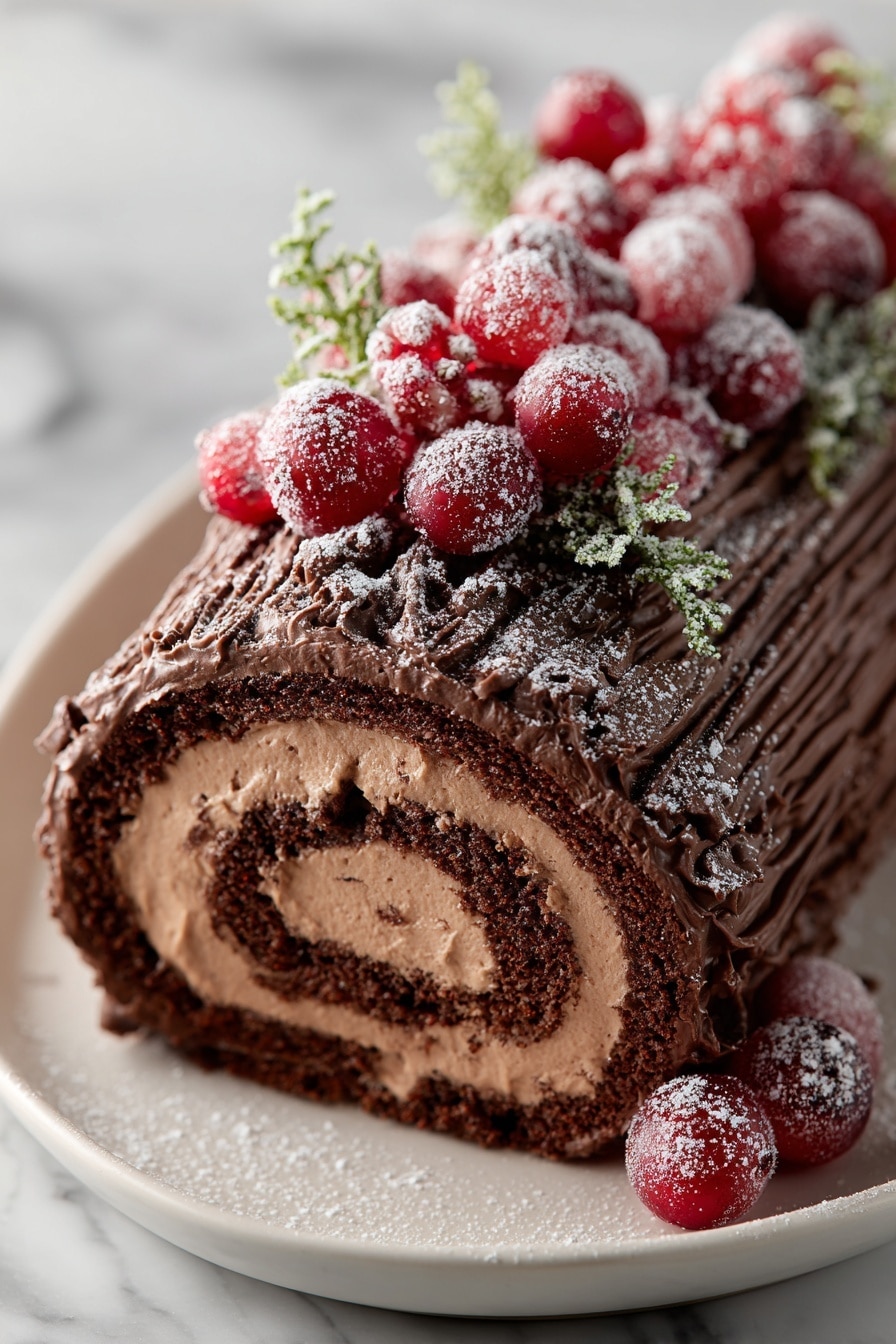 Christmas Yule Log Cake with Cranberries Recipe
