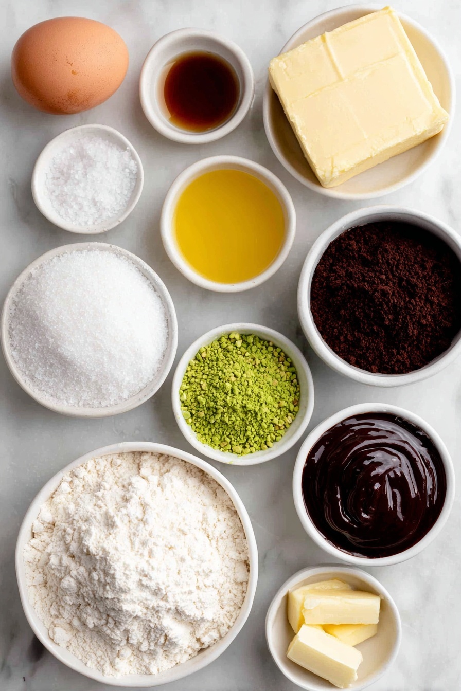Colorful Matcha and Chocolate Butter Cookies Recipe 7 Flat lay of a small mound of all-purpose flour, a tiny heap of coarse salt crystals, a block of unsalted butter softened and creamy, a small white ceramic bowl filled with granulated sugar, one large whole brown egg with clean shell, a small white ceramic bowl with golden vanilla extract, a small white ceramic bowl with rich dark cocoa powder, a small white ceramic bowl with vibrant green matcha powder, a small white ceramic bowl holding coarse sugar crystals sparkling, roughly crushed bright green pistachios scattered naturally, small white ceramic bowls containing melted white chocolate, melted dark chocolate, warm glossy Nutella spread, and a small white ceramic bowl with bright red jam, plus a delicate dusting of powdered sugar lightly spread on the surface — all ingredients arranged in perfect symmetry and realistic proportions on simple white ceramic bowls, placed on a clean white marble surface, soft natural light, photo taken with an iPhone, professional food photography style, fresh ingredients, white ceramic bowls, no bottles, no duplicates, no utensils, no packaging --ar 2:3 --v 7 --p m7354615311229779997 - Colorful Matcha and Chocolate Butter Cookies, matcha and chocolate cookie ideas, vibrant butter cookies, easy matcha cookie recipe, chocolate and matcha dessert