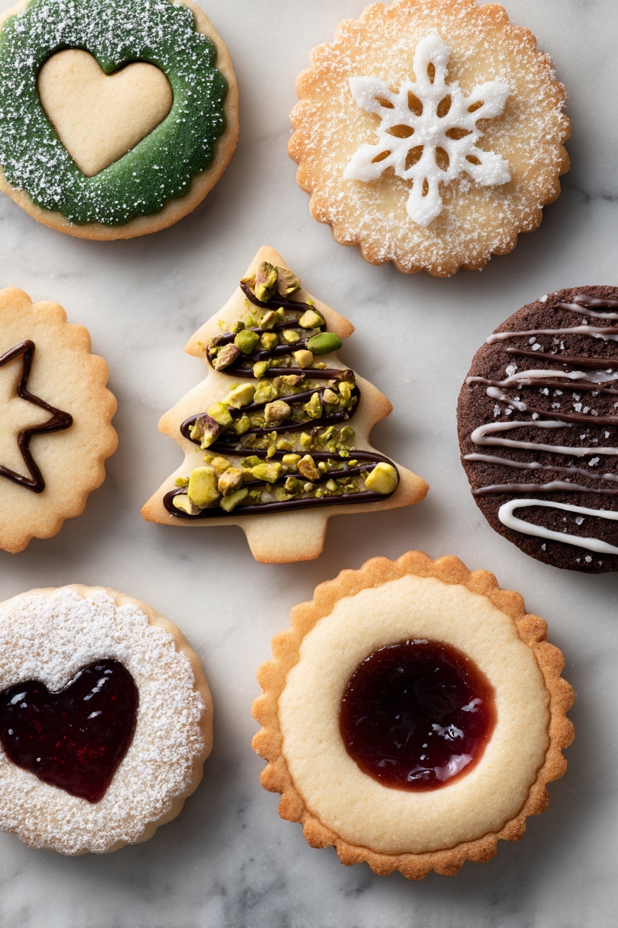 Colorful Matcha and Chocolate Butter Cookies Recipe 6 A collection of nine differently shaped and decorated cookies arranged on a white marbled surface. Top row has three cookies: a green circle with a smaller beige heart shape on top, a snowflake-shaped beige cookie dusted with sugar, and a beige circle with a star-shaped dark brown center. Middle row has four cookies: a small green tree decorated with white icing and sugar crystals, a green heart drizzled with dark chocolate stripes, a double-layered dark brown circle cookie with a star-shaped cutout dusted with powdered sugar revealing a caramel filling, and a green scalloped circle half-coated in white icing and sprinkled with chopped pistachios. Bottom row has two cookies: a scalloped beige circle dusted with powdered sugar and filled in the center with a dark red jam in a heart shape, a large dark brown ring cookie topped with dark chocolate and chopped pistachios, and a dark brown star drizzled with white icing stripes. photo taken with an iphone --ar 2:3 --v 7 - Colorful Matcha and Chocolate Butter Cookies, matcha and chocolate cookie ideas, vibrant butter cookies, easy matcha cookie recipe, chocolate and matcha dessert
