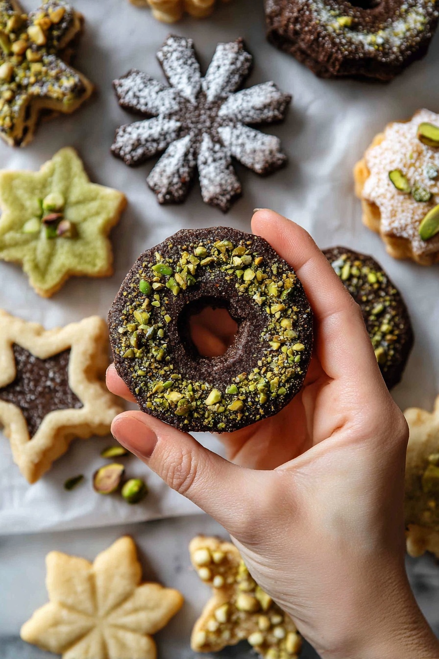 Colorful Matcha and Chocolate Butter Cookies Recipe 8 The image shows a variety of cookies laid out on white parchment paper over a white marbled surface. There are green round cookies with a pale heart shape in the center, light golden snowflake-shaped cookies with coarse sugar crystals on top, and two-layer round cookies with a light base and a dark star shape on top. Dark brown round cookies feature a star-shaped cutout filled with caramel and dusted with powdered sugar. Lastly, there are dark brown ring-shaped cookies decorated with crushed green pistachios around the edges. The overall look is neat and inviting with different shapes and textures clearly visible. photo taken with an iphone --ar 2:3 --v 7 - Colorful Matcha and Chocolate Butter Cookies, matcha and chocolate cookie ideas, vibrant butter cookies, easy matcha cookie recipe, chocolate and matcha dessert