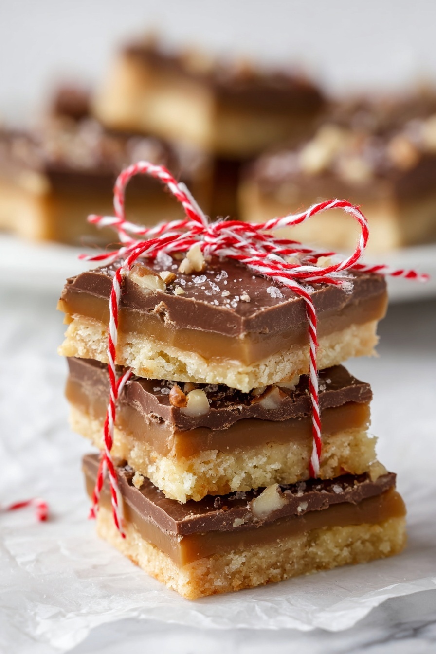 The image shows pieces of a layered treat stacked on a white plate on a white marbled surface. Each piece has three layers: a bottom layer of light golden brown crunchy toffee, a middle layer of slightly airy, light beige biscuit or cracker, and a top layer of smooth, rich dark brown chocolate spread evenly. The chocolate is sprinkled with small, chopped pecan nuts and a few flakes of light salt, giving texture and contrast. Some pieces are slightly broken, showing the inside layers clearly. Photo taken with an iphone --ar 2:3 --v 7 - Saltine Toffee Christmas Crack, holiday dessert, easy Christmas treats, salty and sweet snacks, no-bake holiday sweets