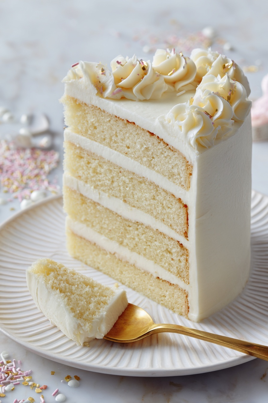 White Chocolate Mousse Cake Recipe 8 A slice of four-layer light yellow cake with creamy white frosting between each layer sits on a white round plate with ridged edges. The sides and top of the cake are covered in smooth light yellow frosting. A swirl of the same light yellow frosting is placed on the right side of the slice, decorated with small pink, white, and gold round sprinkles and white elongated sprinkles around the cake slice. The plate is set on a white marbled surface with some pink, gold, and white sprinkles scattered around. Photo taken with an iphone --ar 2:3 --v 7 - White Chocolate Mousse Cake, white chocolate mousse, layered cake recipes, elegant desserts, creamy cake