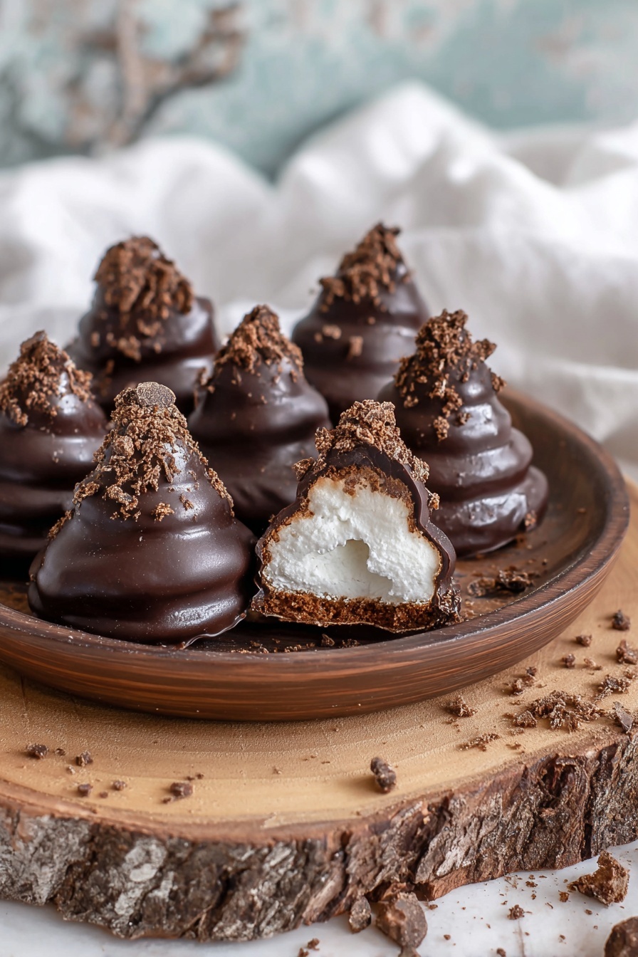 A dark brown round wooden plate holds six cone-shaped chocolate treats with three thick layers of glossy chocolate coating. One treat is sliced open, showing three layers inside: a crisp dark brown base, a thick soft white middle layer with a light texture, and a smooth pointed chocolate top with chocolate crumbs sprinkled on all. The plate is placed on a natural rough wooden slab, with some chocolate crumbs around. The background is a white marbled texture with soft blurred spots, and a white cloth is partly visible behind the plate. Photo taken with an iphone --ar 2:3 --v 7 - Lebkuchen-Schokoküsse, Lebkuchen-Schokoküsse Rezept, festliche Lebkuchen-Konfekte, Schokoküsse mit Lebkuchen-Geschmack, einfache Lebkuchen-Schokoküsse Zubereitung