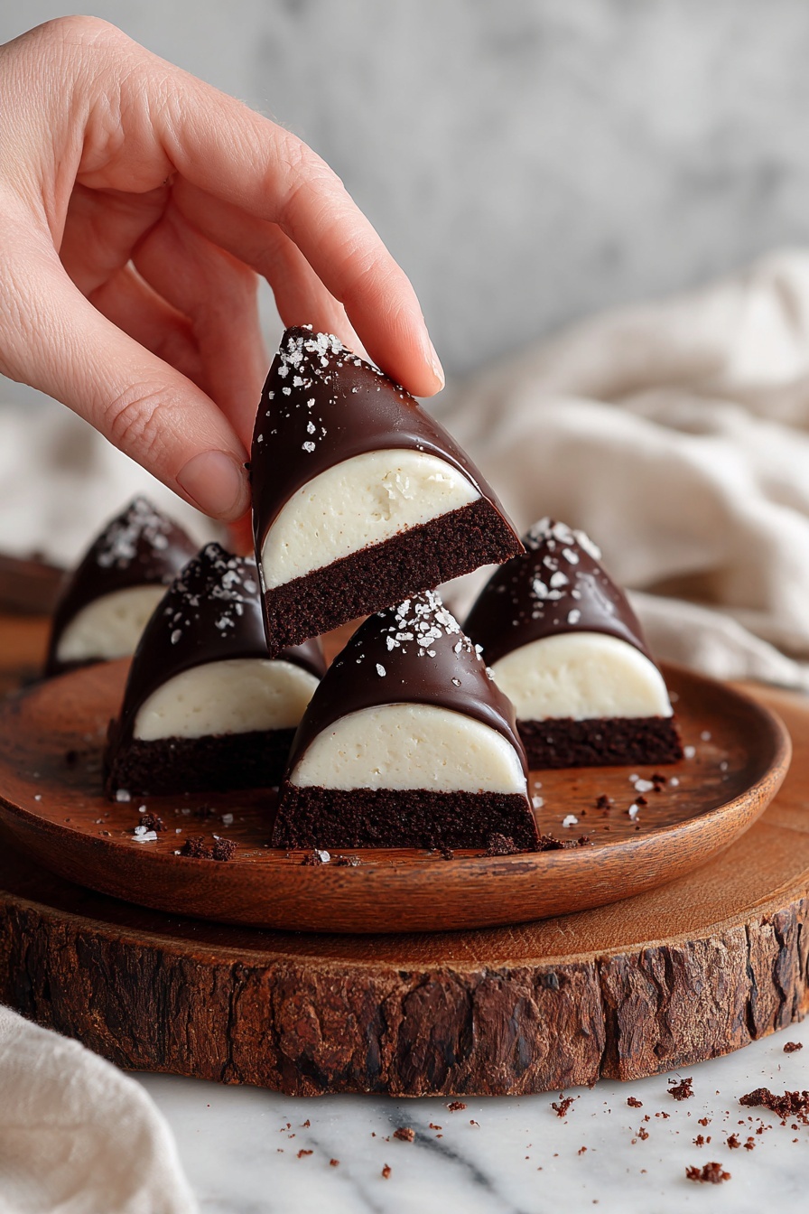 A white wooden plate holds six swirled chocolate-coated meringue treats arranged close together, each topped with crumbled biscuit bits. The outer layer is a shiny dark chocolate shell with a textured, thick swirl shape, and inside is a fluffy, pure white meringue. One of the treats is cut in half showing the fluffy inside, and small chocolate crumbs scatter around on the plate and the white marbled surface beneath. A woman's hand is gently picking up one of the meringues, adding a sense of scale and action in the warm close-up shot. photo taken with an iphone --ar 2:3 --v 7 - Lebkuchen-Schokoküsse, Lebkuchen-Schokoküsse Rezept, festliche Lebkuchen-Konfekte, Schokoküsse mit Lebkuchen-Geschmack, einfache Lebkuchen-Schokoküsse Zubereitung