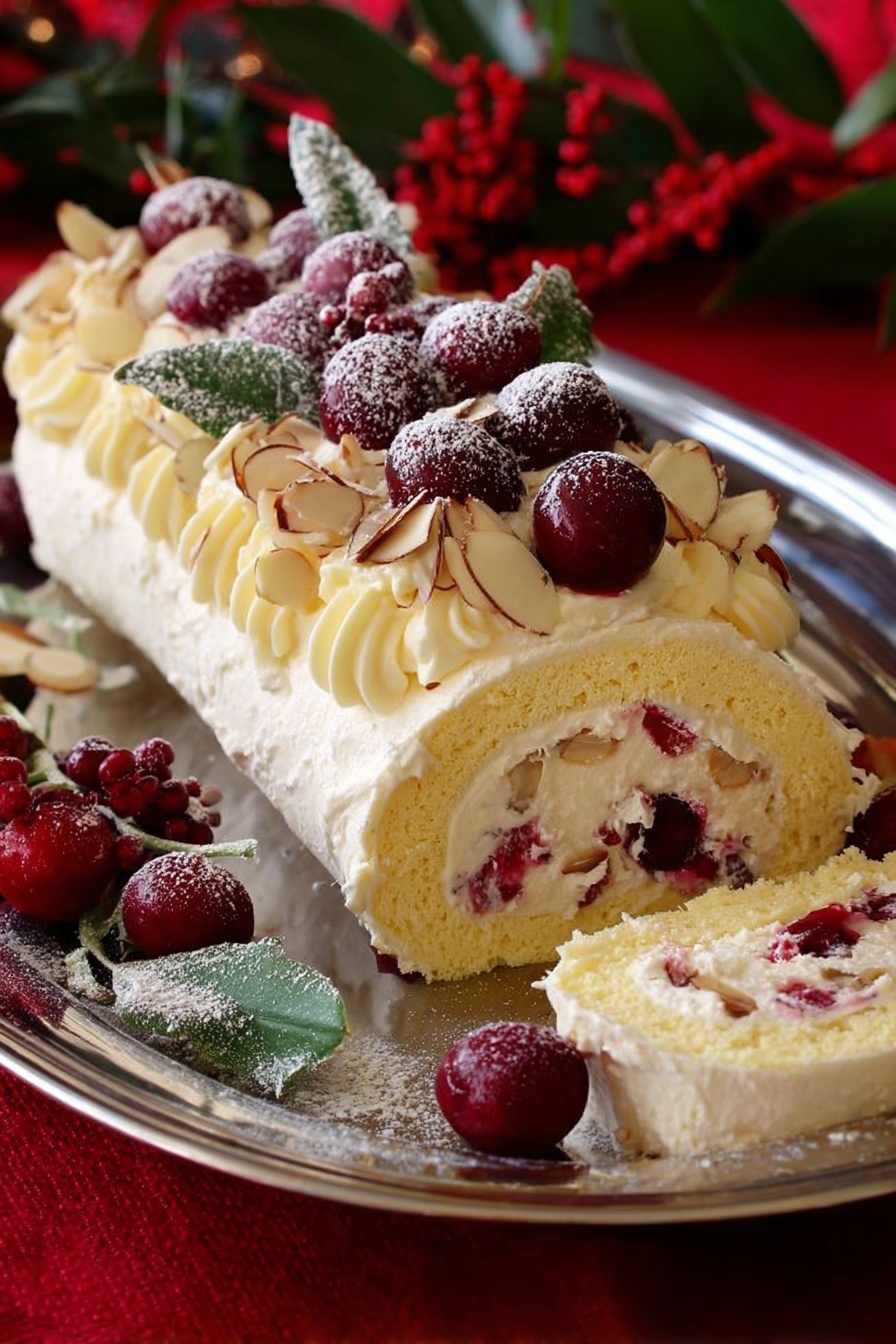 Cherry Mascarpone Pavlova Roulade Recipe 6 A slice of berry cheesecake sits on a white plate over a white marbled surface, showing three clear layers: a crumbly light brown base, a thick creamy off-white middle, and a shiny dark red berry topping with whole berries visible. A fork rests beside the slice, holding a small bite with creamy and berry layers. A green leafy garnish lies near the front edge of the plate. In the background, the rest of the cheesecake with the same three layers is on a white plate, with a woman's hand holding a serving utensil. A deep red cloth is draped beneath on the white marbled surface. Photo taken with an iphone --ar 2:3 --v 7 - Cherry Mascarpone Pavlova Roulade, cherry mascarpone dessert, pavlova roulade recipe, elegant fruit dessert, summer berry roulade