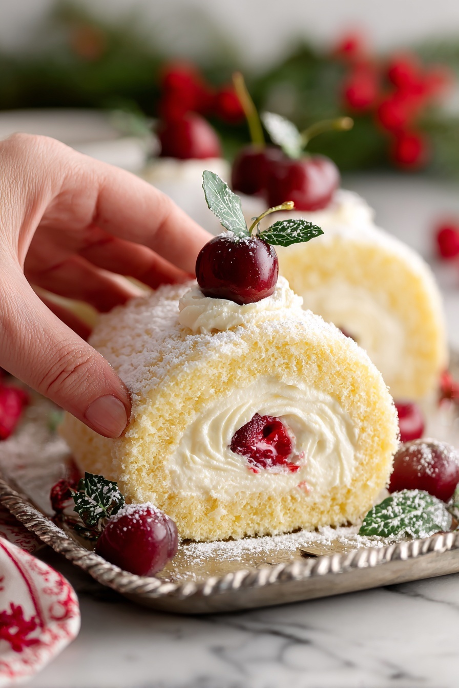 Cherry Mascarpone Pavlova Roulade Recipe 8 The image shows a cream-colored roll cake placed on a shiny silver tray over a white marbled surface. The cake has a textured outer layer and is topped with a thick, creamy white frosting in soft swirled peaks along its length. On top of the frosting are deep red cherries with stems, each lightly dusted with powdered sugar. Small green leaves are also placed on top and around the cake for decoration. Additional cherries and green leaves are arranged in front of the cake on the tray. The background has a festive look with red and green holiday decorations. Photo taken with an iphone --ar 2:3 --v 7 - Cherry Mascarpone Pavlova Roulade, cherry mascarpone dessert, pavlova roulade recipe, elegant fruit dessert, summer berry roulade