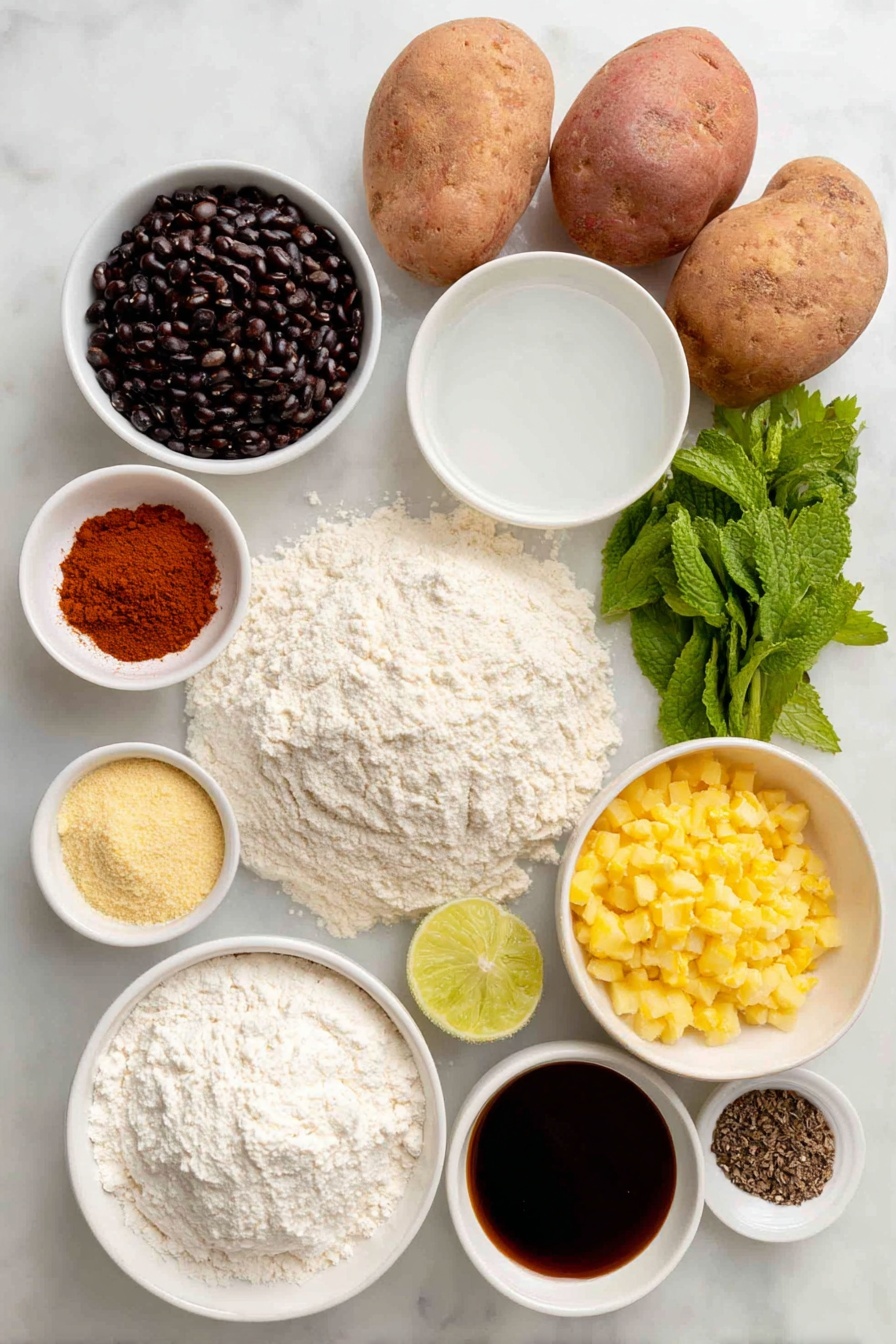 Authentic Pani Puri Recipe 7 Flat lay of a small mound of fine semolina (sooji), a small mound of whole wheat flour (atta), a small white bowl of hot water, two whole uncracked brown potatoes with skins removed, a small white bowl of boiled black chickpeas (kala chana), a small white bowl of black salt, a small white bowl of roasted ground cumin powder, a small white bowl of red chili powder, a small white bowl filled with chopped raw mango chunks, two fresh green serrano peppers, a bunch of fresh bright green mint leaves, a bunch of fresh coriander leaves, three whole black peppercorns, a small white bowl of cumin seeds, a small white bowl of sugar, a small white bowl of lime juice, a small white bowl of soaked golden boondi, a few fresh mint leaves for garnish, a small white bowl of dark tamarind chutney, several round rolled out puris made from golden dough, placed on a simple white ceramic plate—all ingredients fresh and natural, arranged symmetrically with perfect balance, placed on a clean white marble surface, soft natural light, photo taken with an iPhone, professional food photography style, fresh ingredients, white ceramic bowls, no bottles, no duplicates, no utensils, no packaging --ar 2:3 --v 7 --p m7354615311229779997 - Authentic Pani Puri, Pani Puri recipe, Indian street food, How to make pani puri, Crispy puris and tangy jaljeera