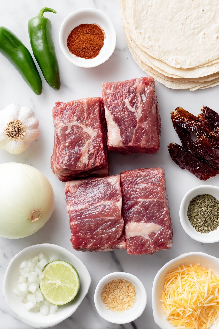 Authentic Birria Tacos Recipe 7 Flat lay of fresh large chunks of raw chuck roast beef, two beef short ribs with bone in, a large white onion halved crosswise showing smooth layers, an unpeeled garlic bulb with the narrow top cut off, four large pieces of fresh peeled carrot, five dried bay leaves, eight dried guajillo chiles with stems removed, a small white ceramic bowl of reddish chili powder, a small white ceramic bowl of ground cumin powder, a small white ceramic bowl of Mexican oregano leaves, a small white ceramic bowl of coarse salt, a small white ceramic bowl with golden chicken bouillon granules, a small white ceramic bowl of diced white onion, a small white ceramic bowl of chopped fresh cilantro, a small white ceramic bowl of fresh lime wedges, a stack of white corn tortillas neatly arranged, and a small white ceramic bowl filled with shredded quesadilla cheese, all arranged symmetrically and freshly presented, placed on a clean white marble surface, soft natural light, photo taken with an iPhone, professional food photography style, fresh ingredients, white ceramic bowls, no bottles, no duplicates, no utensils, no packaging --ar 2:3 --v 7 --p m7354615311229779997 - Authentic Birria Tacos, Birria Tacos Recipe, Mexican Birria Tacos, How to Make Birria Tacos, Best Birria Tacos