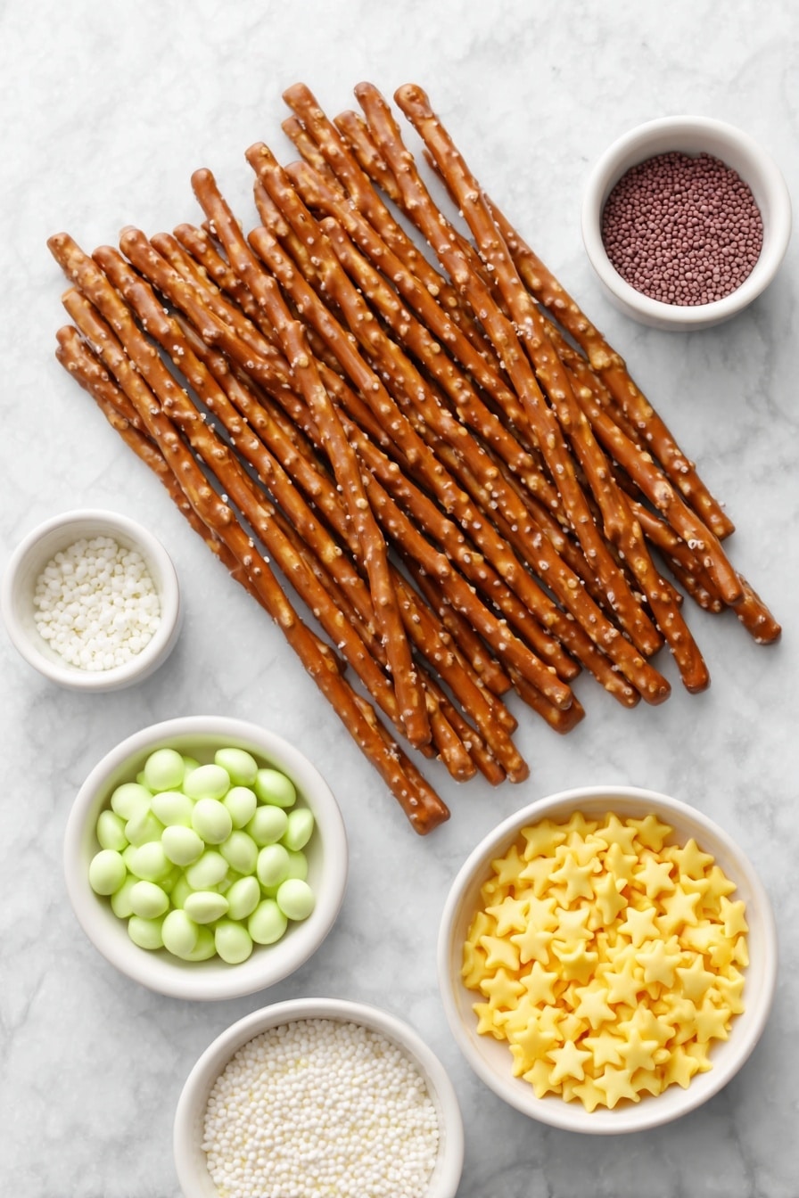 Pretzel Candy Melt Christmas Trees Recipe 7 Flat lay of fresh natural pretzel sticks arranged neatly, a small white ceramic bowl filled with smooth green candy melts, another white bowl holding tiny round red nonpareils sprinkles, a separate white bowl with white nonpareils sprinkles, and a small white bowl containing bright yellow star-shaped sprinkles, all placed on a clean white marble surface, soft natural light, photo taken with an iPhone, professional food photography style, fresh ingredients, white ceramic bowls, no bottles, no duplicates, no utensils, no packaging --ar 2:3 --v 7 --p m7354615311229779997 - Pretzel Candy Melt Christmas Trees, holiday treats, festive cookie recipes, easy Christmas desserts, salty sweet holiday snacks