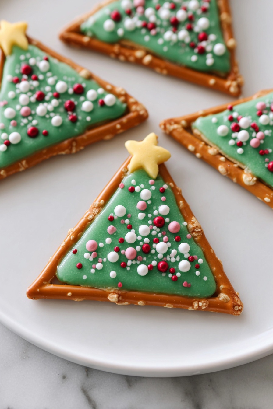 Pretzel Candy Melt Christmas Trees Recipe 8 The image shows triangular cookies made from thin pretzel sticks forming the outer frame, which is golden-brown and slightly shiny. Inside the triangle is a smooth layer of green icing that covers the surface evenly with a matte finish. The green icing is decorated with small, round sprinkles in white, red, and a few pink dots scattered evenly across, creating a festive look. Each triangle also has a small yellow star-shaped sprinkle placed at the top corner of the triangle. The cookies are displayed on a white plate with a clean white marbled surface underneath. photo taken with an iphone --ar 2:3 --v 7 - Pretzel Candy Melt Christmas Trees, holiday treats, festive cookie recipes, easy Christmas desserts, salty sweet holiday snacks