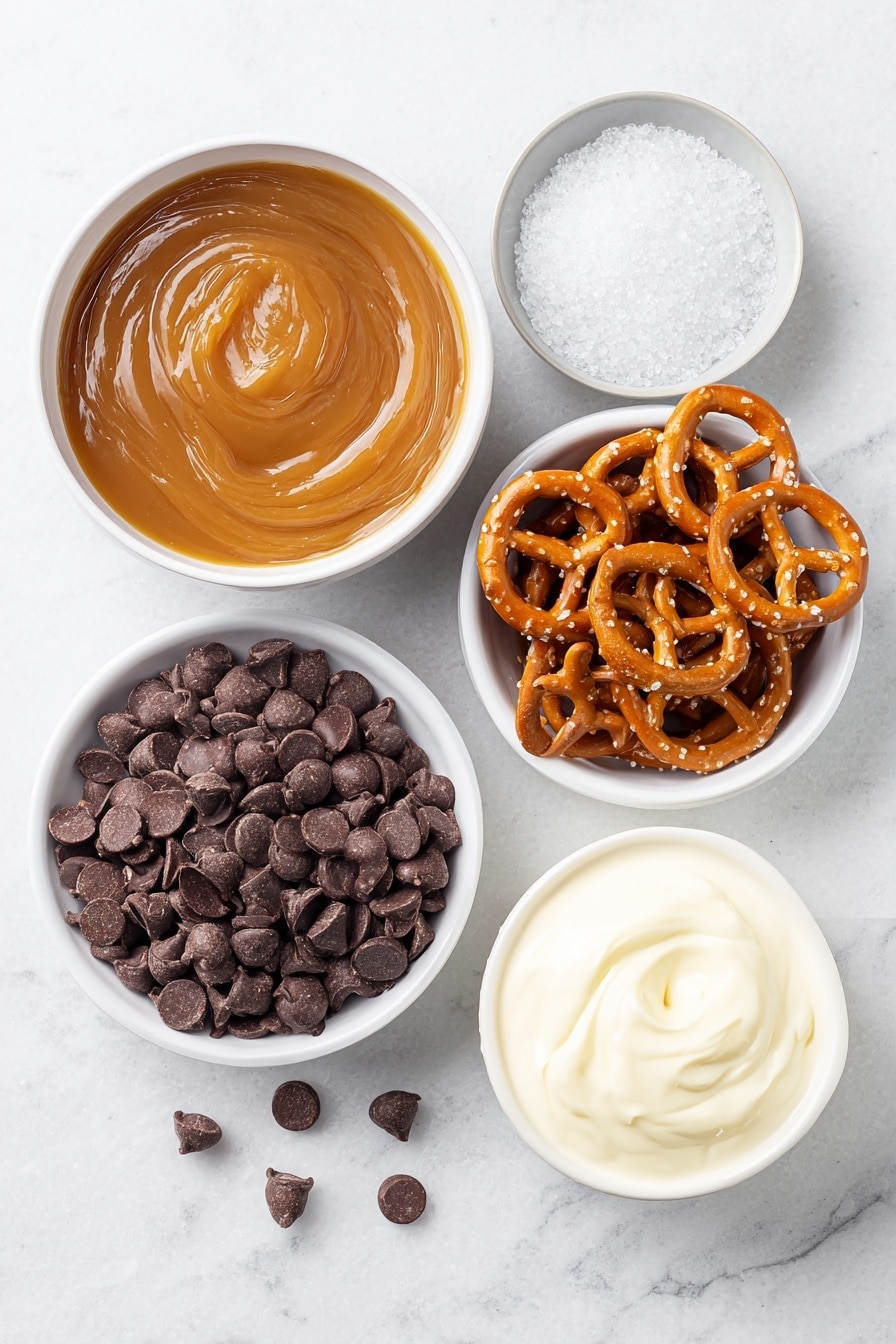 Salted Caramel Pretzel Bark Recipe 7 Flat lay of a small pile of glossy semi-sweet chocolate chips, a handful of crunchy twisted pretzels, a small white ceramic bowl filled with smooth, rich caramel sauce, a small white ceramic bowl holding thick, fresh heavy cream, and a few flakes of coarse sea salt scattered neatly on a simple white ceramic dish, all arranged with perfect symmetry and balanced proportions, placed on a clean white marble surface, soft natural light, photo taken with an iPhone, professional food photography style, fresh ingredients, white ceramic bowls, no bottles, no duplicates, no utensils, no packaging --ar 2:3 --v 7 --p m7354615311229779997 - Salted Caramel Pretzel Bark, Salted Caramel Pretzel Bark recipe, easy salted caramel bark, homemade caramel pretzel bark, sweet and salty pretzel bark