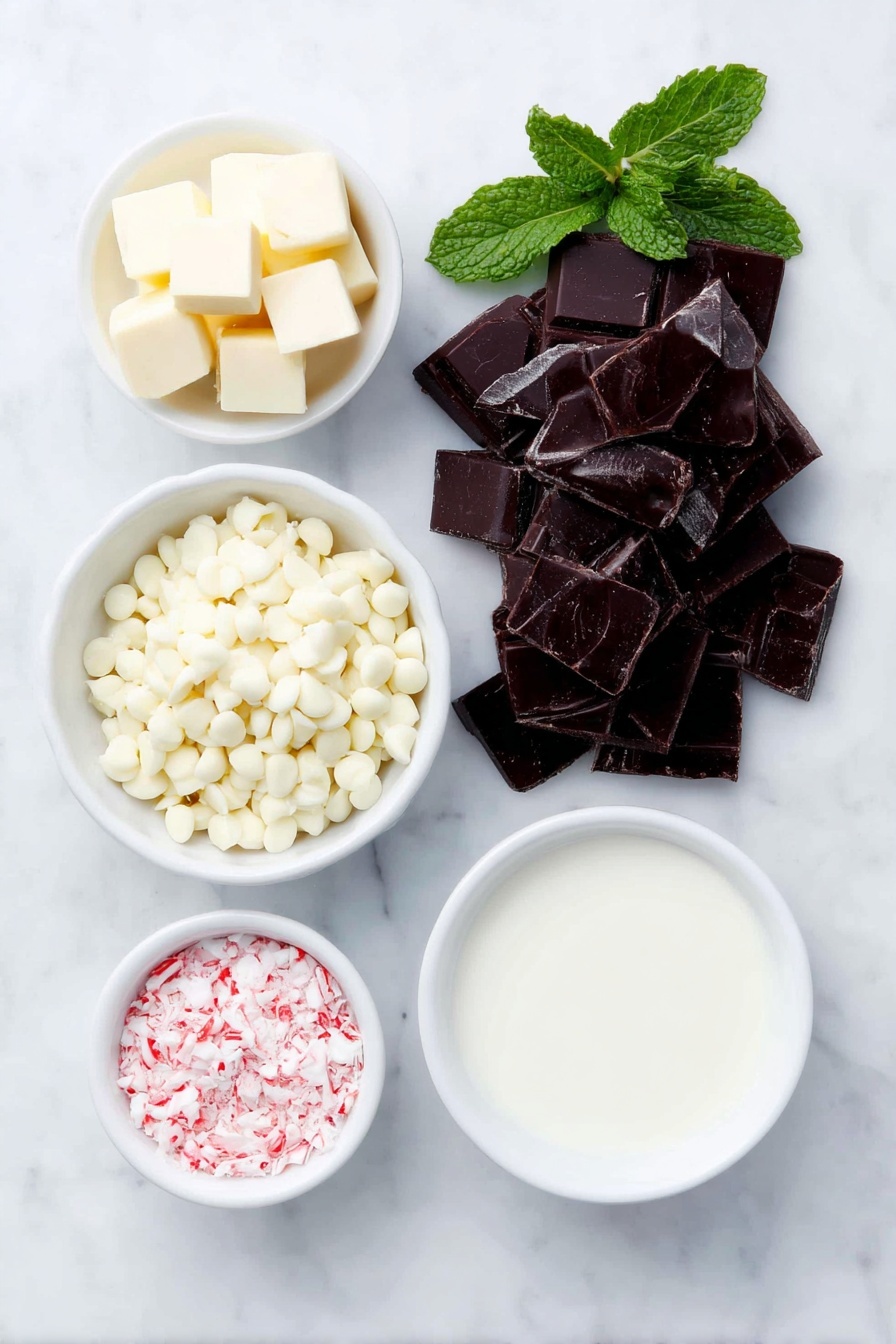 Peppermint Swirl Fudge Recipe 7 Flat lay of semi-sweet chocolate chips in a small pile, a small white ceramic bowl with unsalted butter cubes, a small white ceramic bowl filled with smooth sweetened condensed milk, a few fresh peppermint leaves, a small white ceramic bowl with white chocolate chips, a small white ceramic bowl containing a few drops of vibrant red gel food coloring, and a small white ceramic bowl of crushed peppermint candies, all evenly spaced forming a balanced symmetrical arrangement, placed on a clean white marble surface, soft natural light, photo taken with an iPhone, professional food photography style, fresh ingredients, white ceramic bowls, no bottles, no duplicates, no utensils, no packaging --ar 2:3 --v 7 --p m7354615311229779997 - Peppermint Swirl Fudge, peppermint swirl fudge, holiday peppermint fudge, festive fudge recipes, easy peppermint fudge