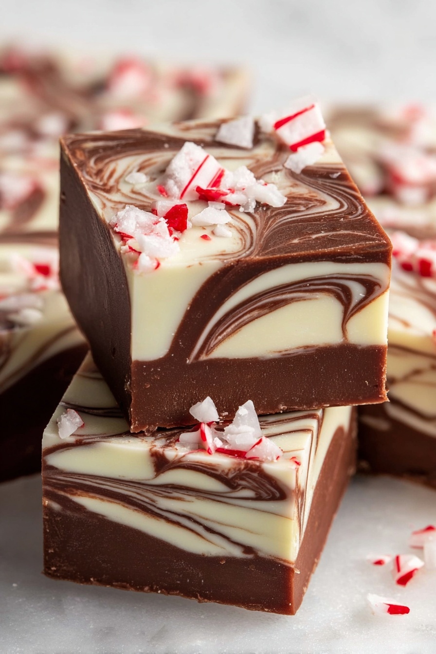 Peppermint Swirl Fudge Recipe 6 This image shows three square pieces of chocolate fudge with a marbled pattern of dark brown and creamy white layers, stacked with one piece on top of two others. Each piece has a smooth, glossy surface with swirls where the two colors mix. On top of the fudge pieces, there are small, uneven white candy bits with red stripes, giving a peppermint look. The edges are clean but slightly rough from cutting. The background is a white marbled texture. Photo taken with an iphone --ar 2:3 --v 7 - Peppermint Swirl Fudge, peppermint swirl fudge, holiday peppermint fudge, festive fudge recipes, easy peppermint fudge