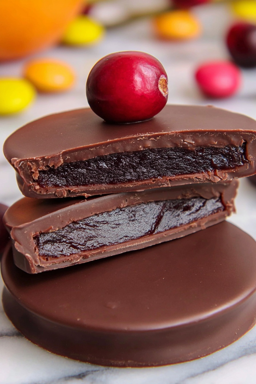 Dark Chocolate Cranberry Bites Recipe 8 The image shows a close-up of a round chocolate-covered treat with two thick layers. The bottom layer is a flat chocolate disk with a smooth, glossy surface. On top of that, there is a second layer broken into two pieces, revealing a thick, dark, almost black filling inside. This filling contrasts with the lighter, milk-chocolate outer shell. A single shiny red berry sits on top of the cut pieces, adding a pop of color. The treat is placed on a white marbled surface with blurred colorful round objects in the background. photo taken with an iphone --ar 2:3 --v 7 - Dark Chocolate Cranberry Bites, easy holiday treats, festive chocolate snacks, cranberry chocolate bites, no-bake dessert ideas