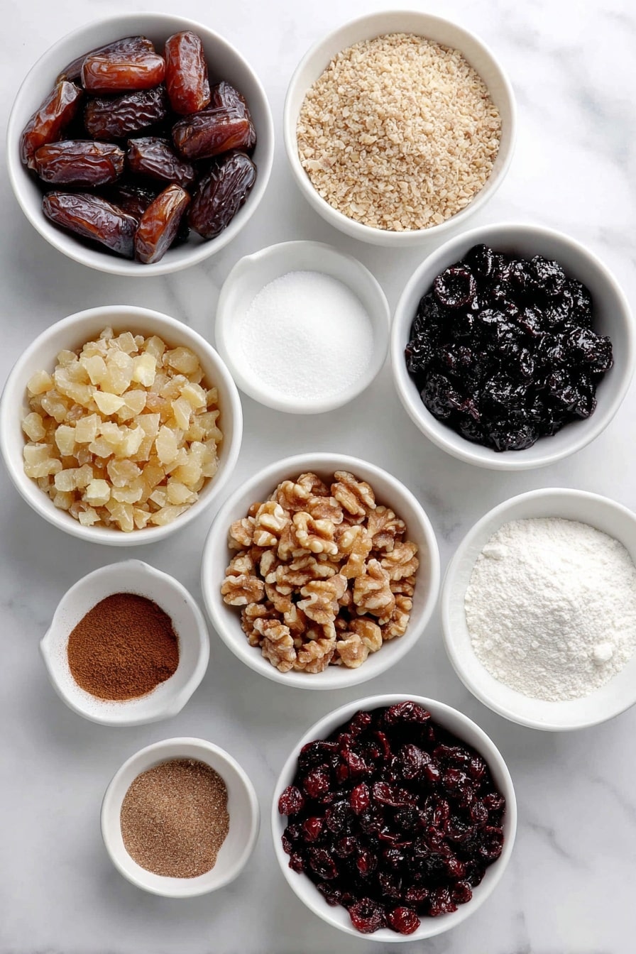 Holiday Sugarplum Candy Balls Recipe 7 Flat lay of coarsely chopped pitted dates, coarsely chopped toasted walnuts, coarsely chopped dried cranberries, coarsely chopped prunes, coarsely chopped skinless toasted hazelnuts, small white bowl of cherry preserves, small white bowl of ground cinnamon, small white bowl of ground cloves, small white bowl of granulated sugar, all ingredients fresh and natural, arranged in perfect symmetry, balanced layout, simple white ceramic bowls, placed on a clean white marble surface, soft natural light, photo taken with an iPhone, professional food photography style, fresh ingredients, white ceramic bowls, no bottles, no duplicates, no utensils, no packaging --ar 2:3 --v 7 --p m7354615311229779997 - Holiday Sugarplum Candy Balls, festive holiday treats, no-bake Christmas candies, easy holiday snack ideas, fruity nutty holiday sweets