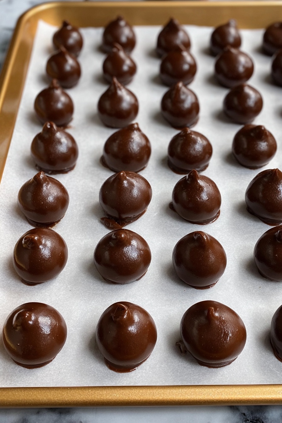 Chocolate Covered Cherry Truffles Recipe 8 The image shows about 50 small round chocolate balls arranged in rows on a baking tray lined with white parchment paper. Each chocolate ball is smooth, glossy, and dark brown with a little peak on top, indicating where the chocolate was dipped or dropped. The tray has a light metallic edge, and the background underneath is a white marbled texture. The chocolates look uniform in size and shape but naturally varied in slight dents and peaks, giving a fresh homemade feel. photo taken with an iphone --ar 2:3 --v 7 - Chocolate Covered Cherry Truffles, chocolate cherry confections, handmade cherry truffles, chocolate dessert recipes, easy holiday treats