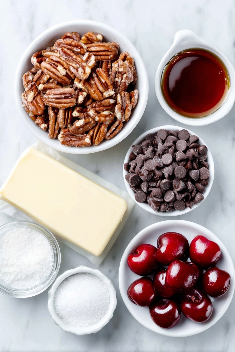 Cherry Bourbon Balls Recipe 7 Flat lay of finely chopped pecans in a simple white ceramic bowl, a small white bowl filled with amber bourbon, a small white bowl of finely chopped bright red maraschino cherries, a slab of soft pale yellow butter on a white ceramic plate, a mound of white powdered sugar in a small white bowl, a small white bowl with glossy semi-sweet chocolate chips, a small white bowl containing smooth white coconut oil, and a neat arrangement of glossy red candied cherry halves on a white ceramic plate, all placed on a clean white marble surface, soft natural light, photo taken with an iPhone, professional food photography style, fresh ingredients, white ceramic bowls, no bottles, no duplicates, no utensils, no packaging --ar 2:3 --v 7 --p m7354615311229779997 - Cherry Bourbon Balls, Bourbon Cherry Sweet Treats, Easy Holiday Dessert Balls, No-Bake Nutty Bourbon Bites, Festive Cherry Alcohol Desserts