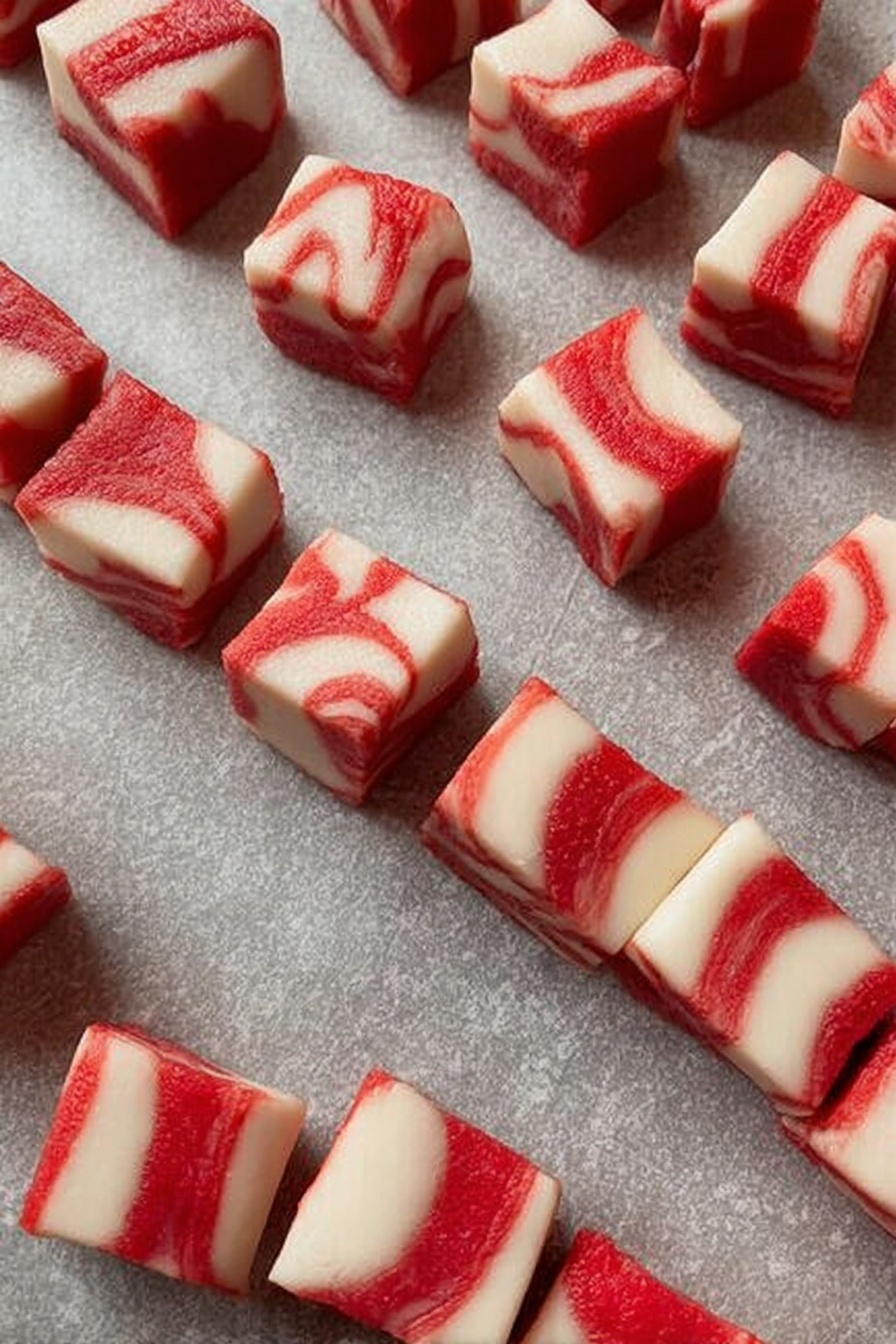 Easy Homemade Peppermint Butter Mints Recipe 8 The image shows rows of small pieces of dough with red and white layers. Each piece is square or rectangular, with a marbled pattern where the red swirls into the white dough, creating a striped look. The dough pieces are neatly lined up on a sheet of paper with a gray, speckled texture underneath them. The layers appear soft and smooth, and the red parts vary in shade from bright to a deeper red, while the white parts are clean and creamy. photo taken with an iphone --ar 2:3 --v 7 - Easy Homemade Peppermint Butter Mints, peppermint butter mints, holiday homemade candies, festive peppermint treats, soft peppermint mints