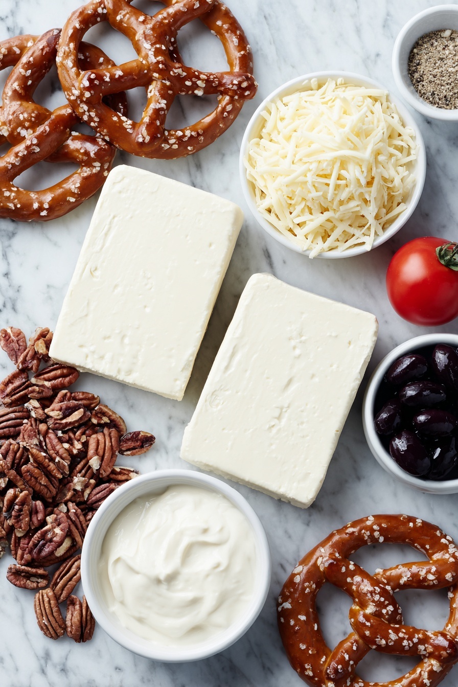 Reindeer Cheese Ball Recipe 7 Flat lay of two blocks of fresh cream cheese with smooth surfaces, a small white ceramic bowl filled with creamy sour cream, a neat pile of shredded medium cheddar cheese, a small white bowl containing fine ranch seasoning mix powder, a mound of roughly chopped whole pecans with natural brown shells, two whole uncracked black olives with glossy skin, one bright red cherry tomato with smooth skin, and two large classic twisted pretzels with a golden-brown crust, all arranged symmetrically and balanced on a simple white ceramic plate and bowls, placed on a clean white marble surface, soft natural light, photo taken with an iPhone, professional food photography style, fresh ingredients, white ceramic bowls, no bottles, no duplicates, no utensils, no packaging --ar 2:3 --v 7 --p m7354615311229779997 - Reindeer Cheese Ball, Christmas Cheese Ball, Festive Cheese Appetizer, Holiday Cheese Ball, Cute Reindeer Party Snack