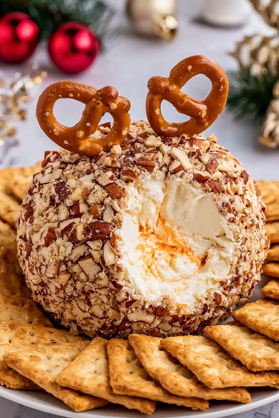 Reindeer Cheese Ball Recipe 8 The image shows a round cheese ball coated with chopped nuts, giving it a rough and uneven brownish texture. The center of the cheese ball is creamy white with an orange swirl inside, visible due to a scoop taken out from the front. Two pretzels are stuck on top, resembling ears. The cheese ball is on a white plate, surrounded by an arrangement of light brown crackers around the edge. The background features a white marbled surface with holiday decorations softly blurred behind. Photo taken with an iphone --ar 2:3 --v 7 - Reindeer Cheese Ball, Christmas Cheese Ball, Festive Cheese Appetizer, Holiday Cheese Ball, Cute Reindeer Party Snack